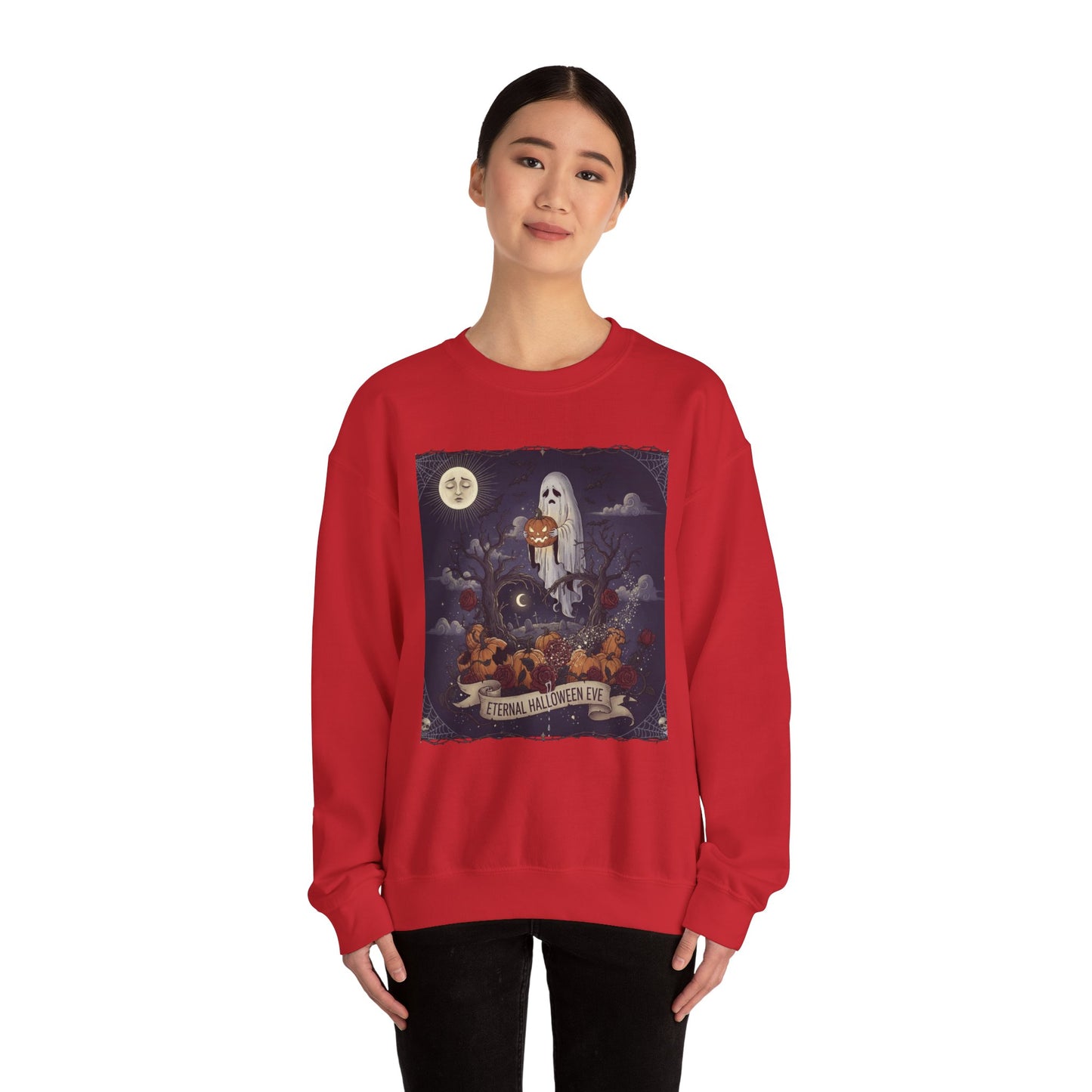 Eternal Halloween Crewneck Sweatshirt, Cozy Ghost Artwork, Unisex Sweater for Fall, Halloween Casual Wear, Spooky Season Gift
