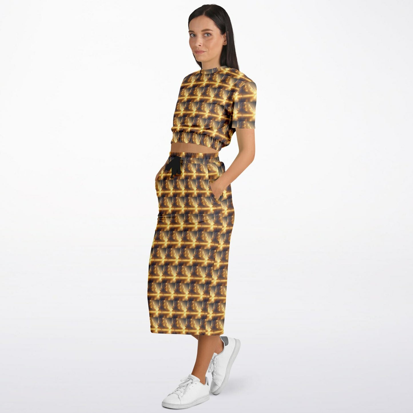 Fashion Cropped Short Sleeve Sweatshirt and Long Pocket Skirt Set – AOP