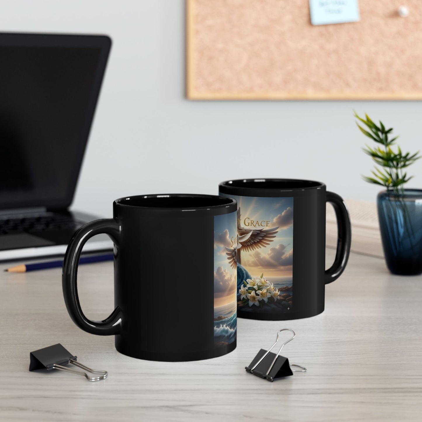 Spiritual Black Mug with Design - Saved by Grace, Faith Gift, Inspirational Coffee Cup, Religious Tea Mug, Unique Home Décor