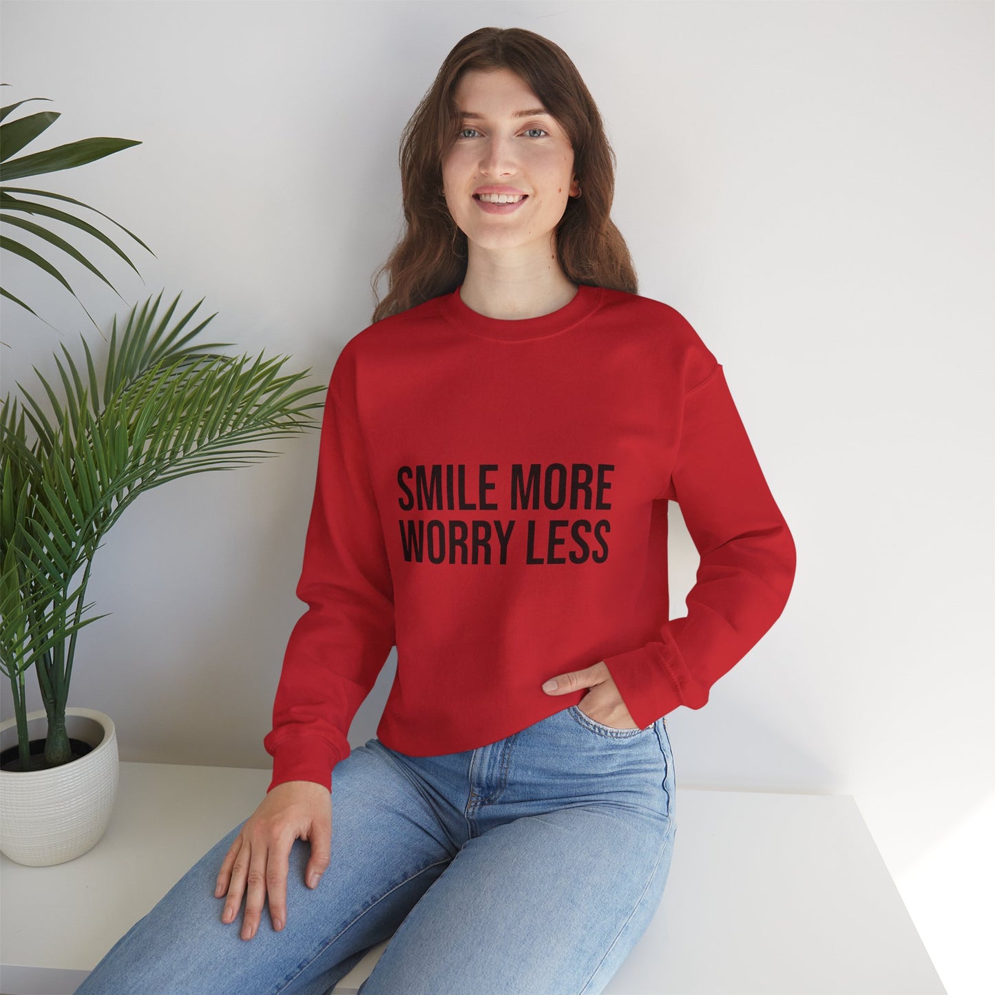 Unisex Inspirational Crewneck Sweatshirt - Smile More Worry Less, Cozy Gift for Friends, Relaxed Style, Casual Wear, Positive Vibes