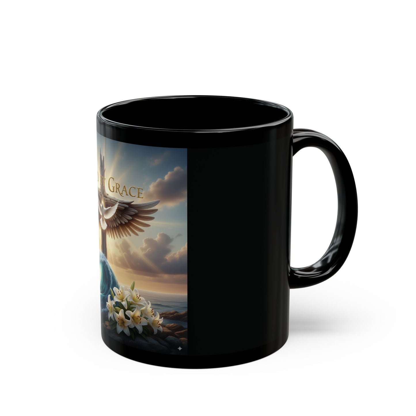 Spiritual Black Mug with Design - Saved by Grace, Faith Gift, Inspirational Coffee Cup, Religious Tea Mug, Unique Home Décor
