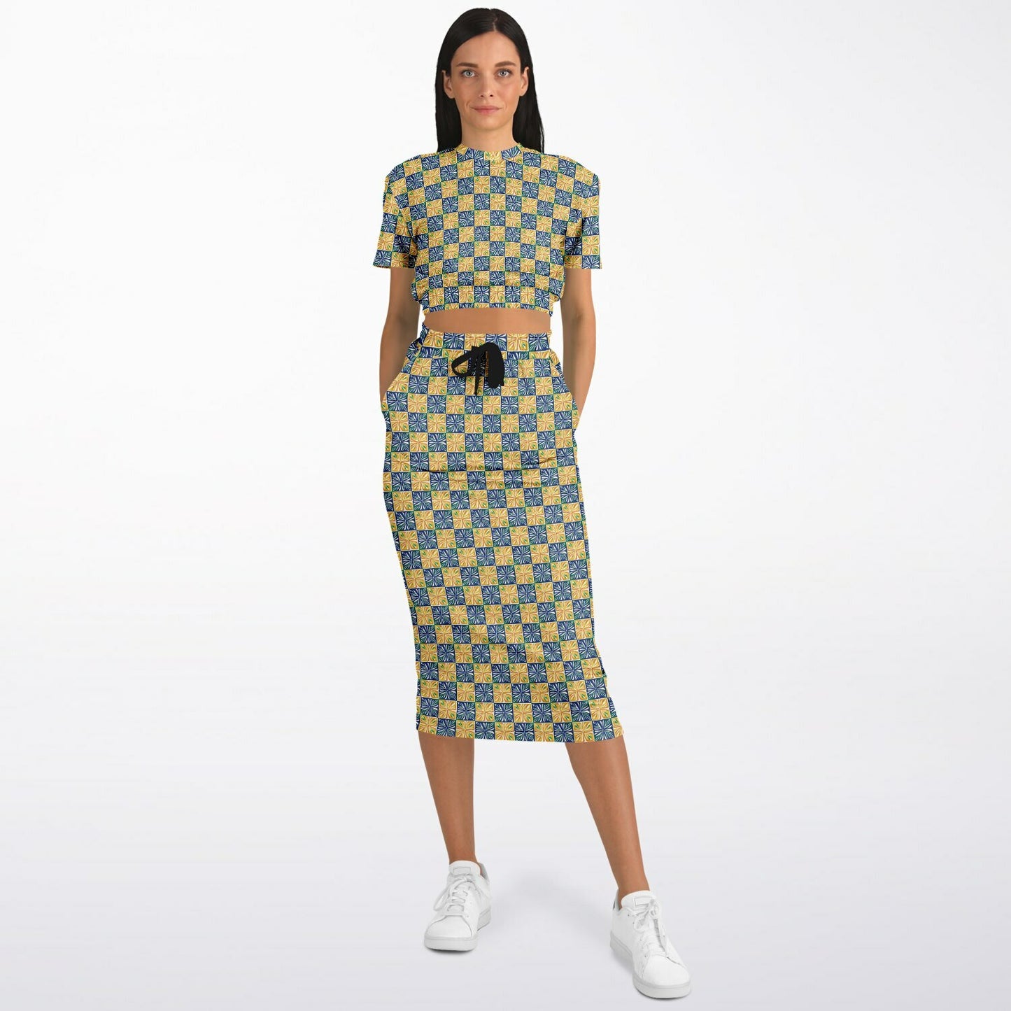 Athletic Cropped Short Sleeve Sweatshirt and Long Pocket Skirt Set – AOP