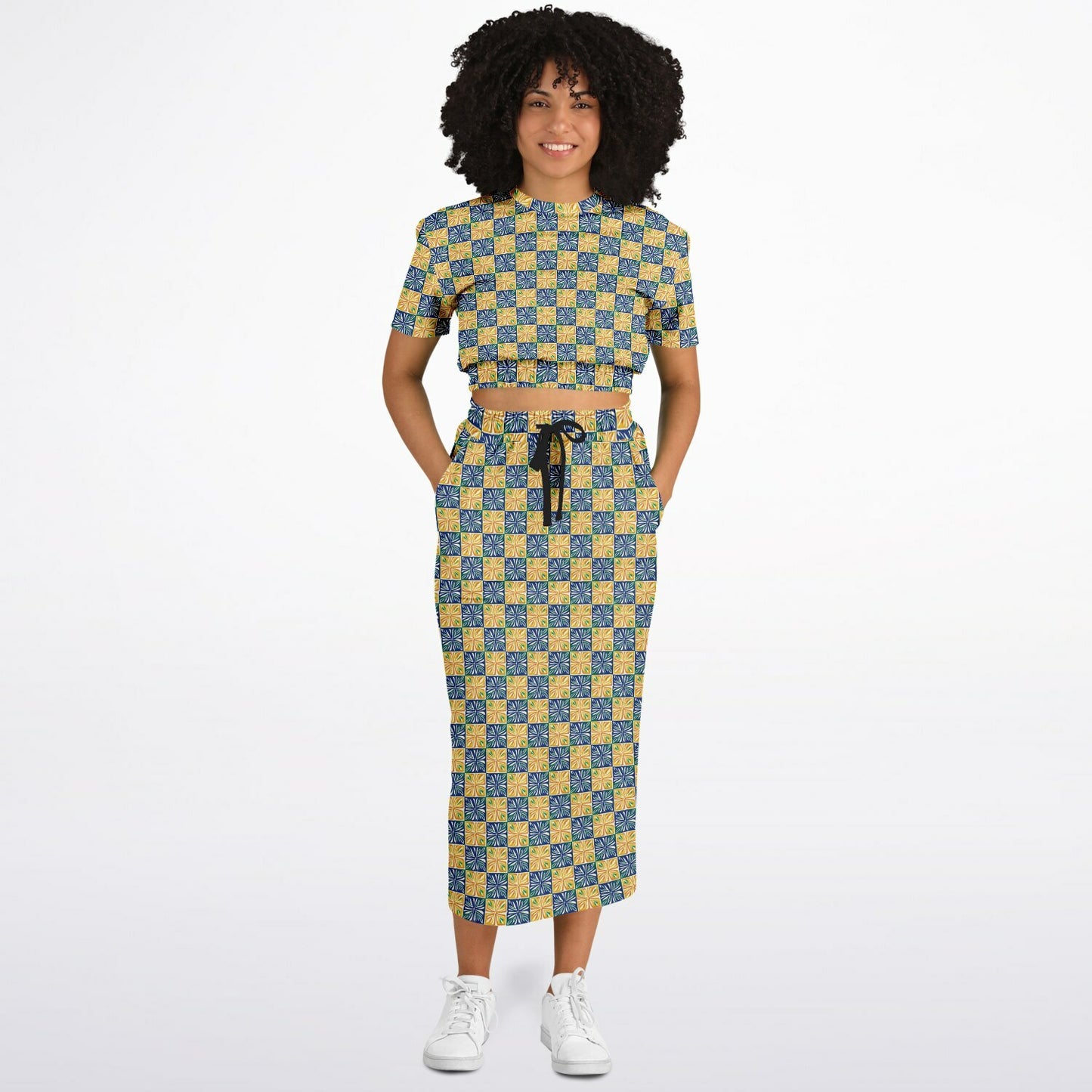 Athletic Cropped Short Sleeve Sweatshirt and Long Pocket Skirt Set – AOP