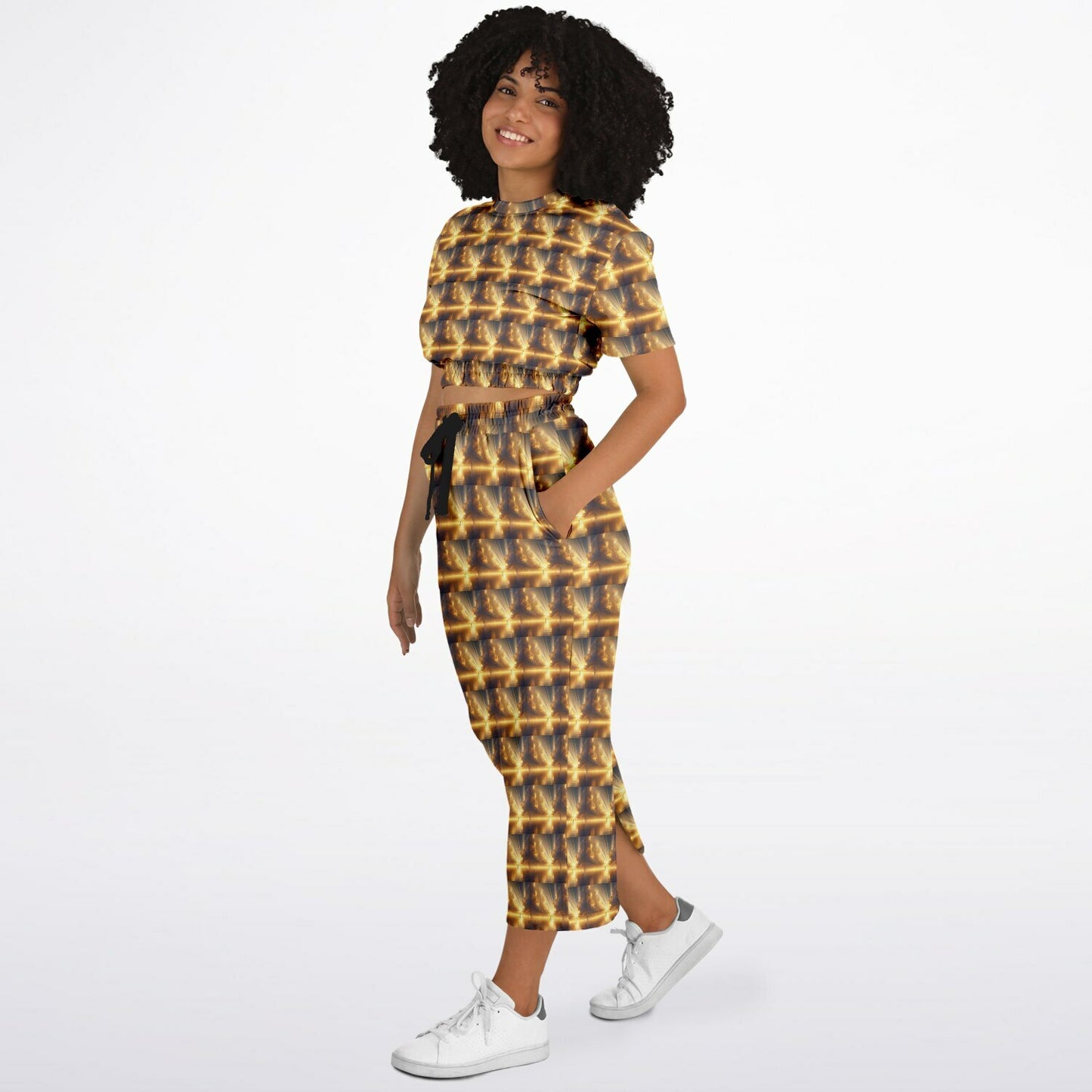 Fashion Cropped Short Sleeve Sweatshirt and Long Pocket Skirt Set – AOP