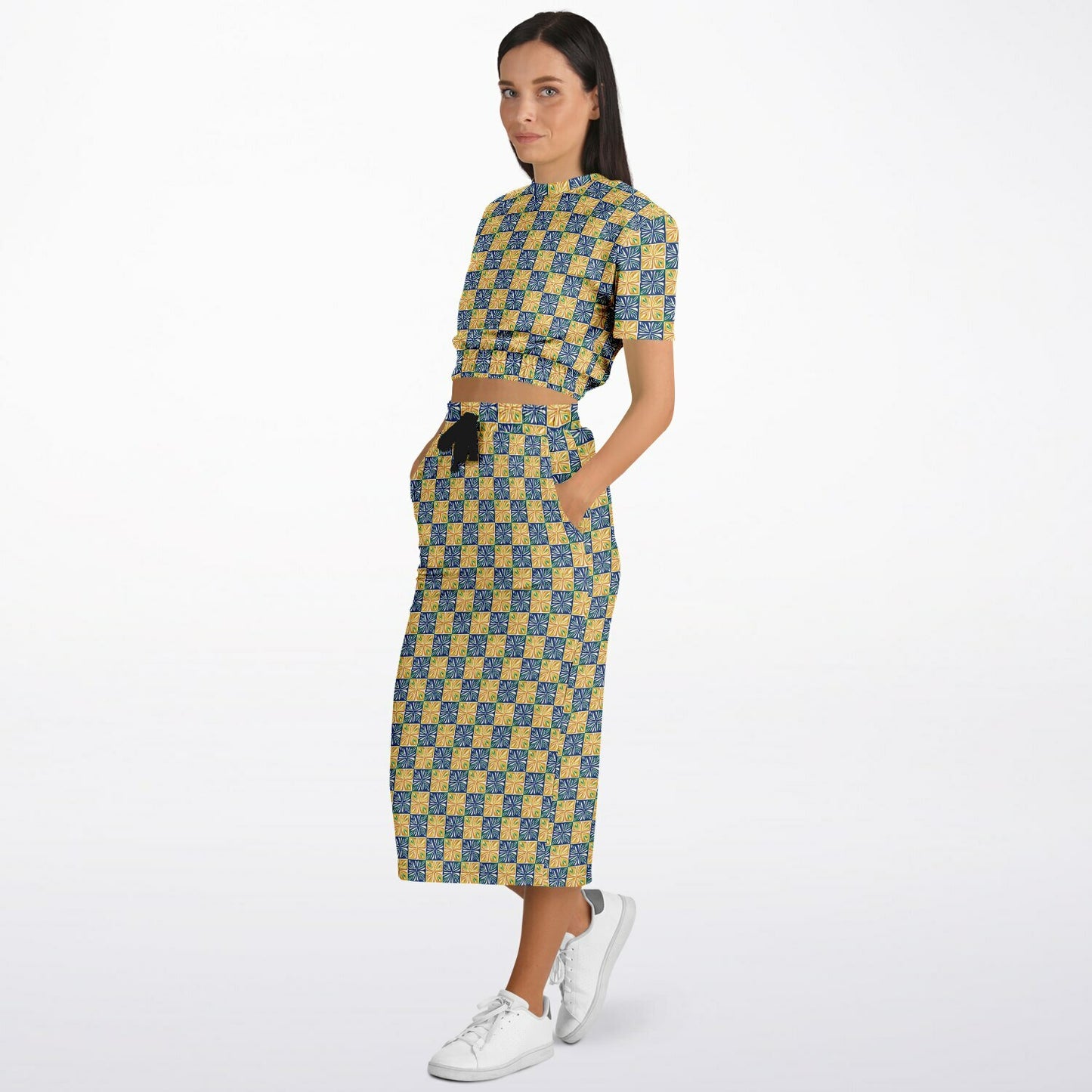 Athletic Cropped Short Sleeve Sweatshirt and Long Pocket Skirt Set – AOP