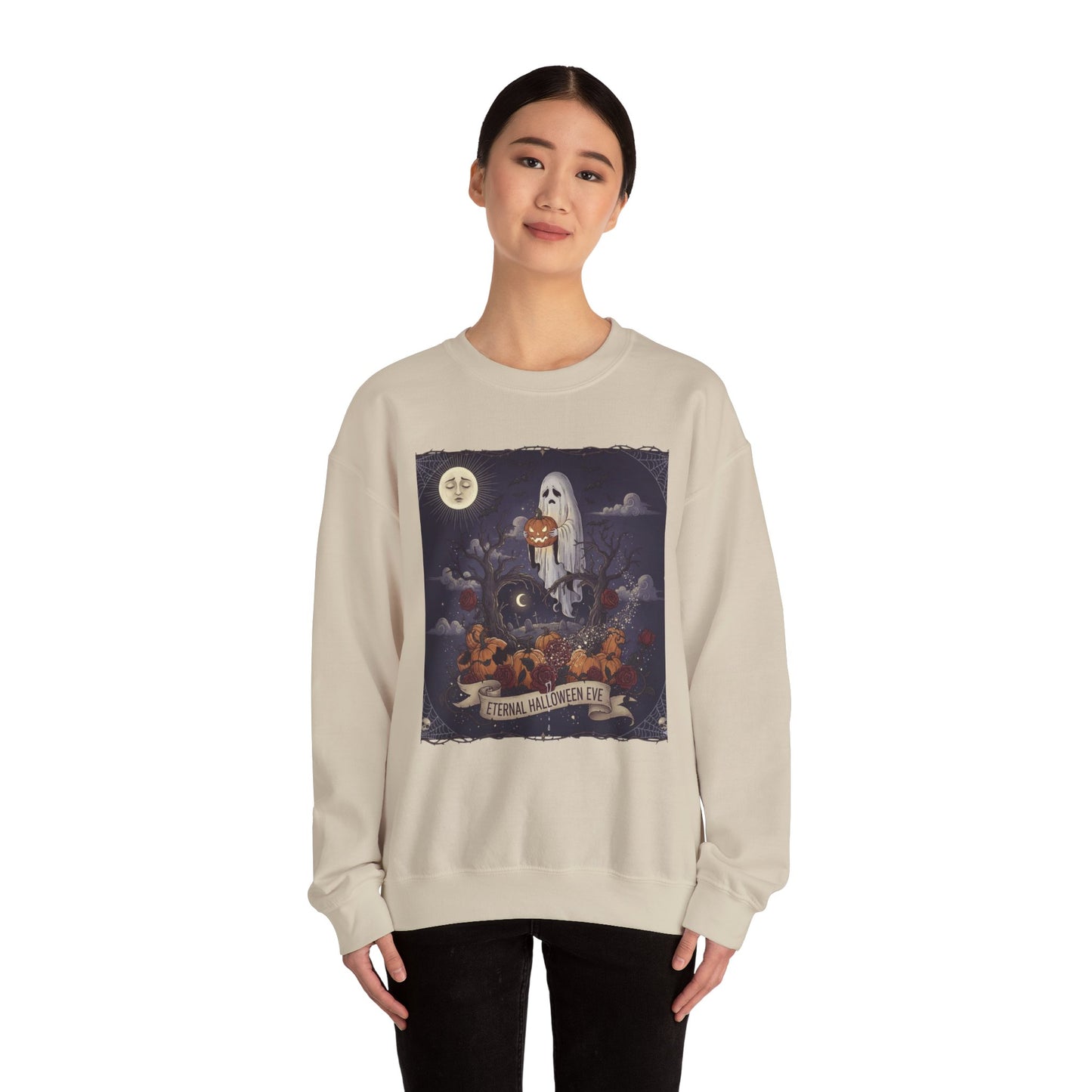 Eternal Halloween Crewneck Sweatshirt, Cozy Ghost Artwork, Unisex Sweater for Fall, Halloween Casual Wear, Spooky Season Gift