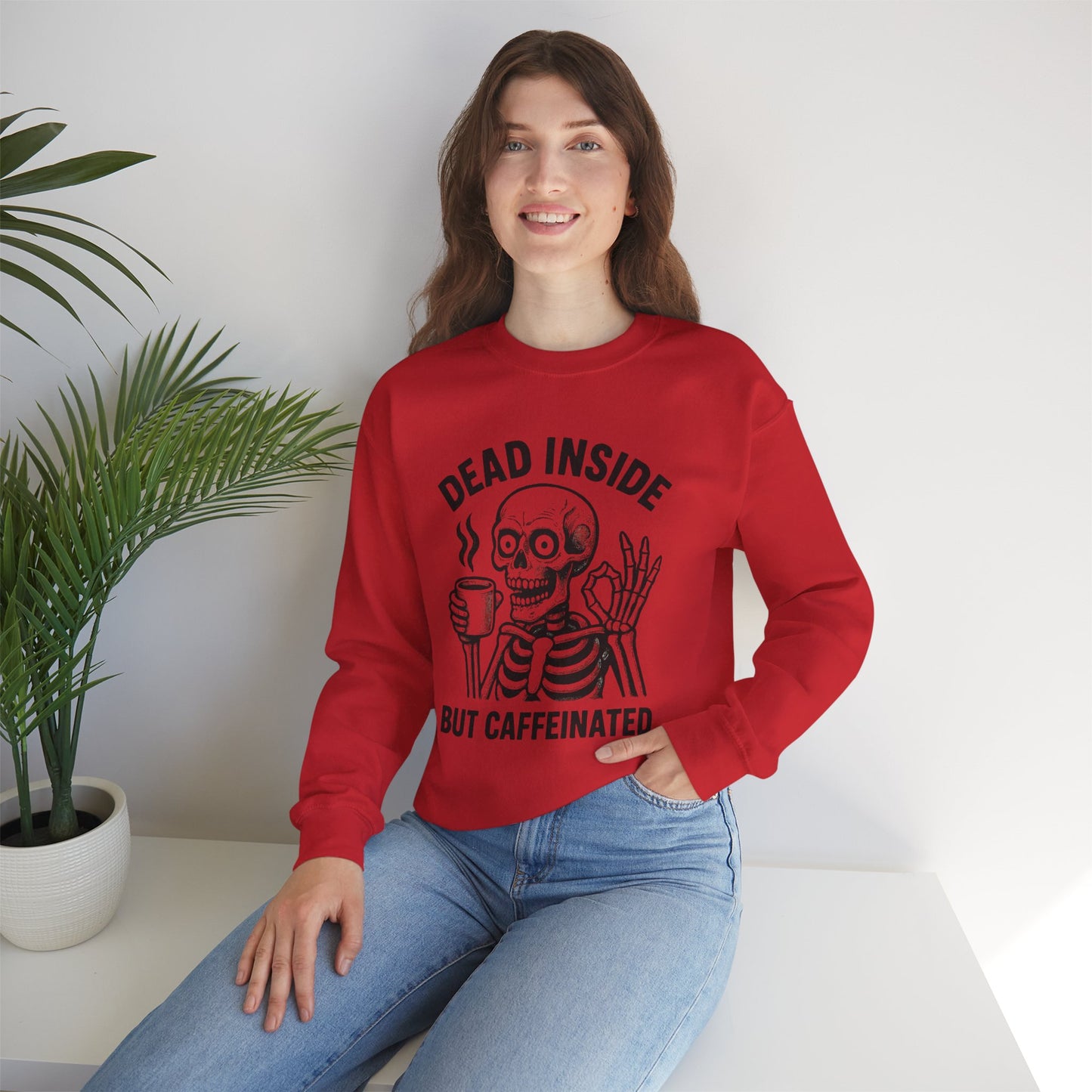 Caffeinated Skeleton Crewneck Sweatshirt - Cozy Unisex Pullover, Fun Halloween Gift, Casual Fashion, Spooky Lounge Wear, Everyday Comfort