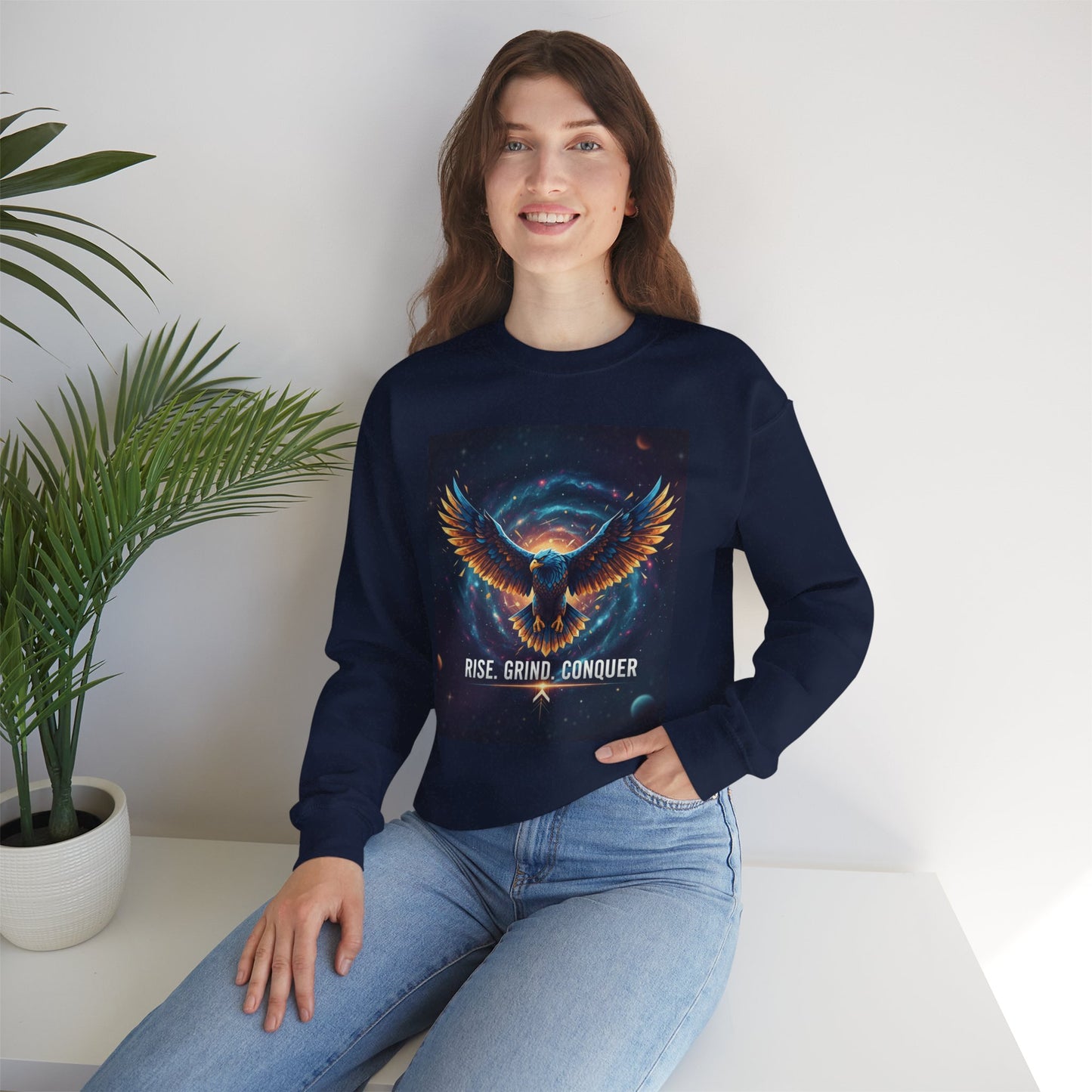 Cosmic Inspirational Sweatshirt - Rise, Grind, Conquer, Motivational Apparel, Unisex Crewneck, Casual Wear, Gift for Dreamers