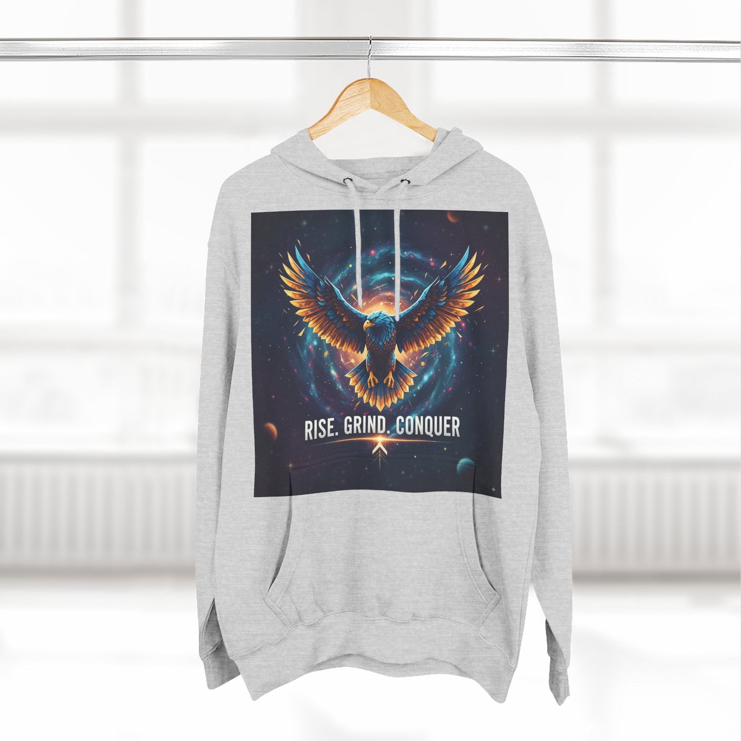 Motivational Fleece Hoodie, Rise Grind Conquer Sweatshirt, Gift for Gym Lovers, Inspirational Casual Wear, Cozy Fitness Apparel