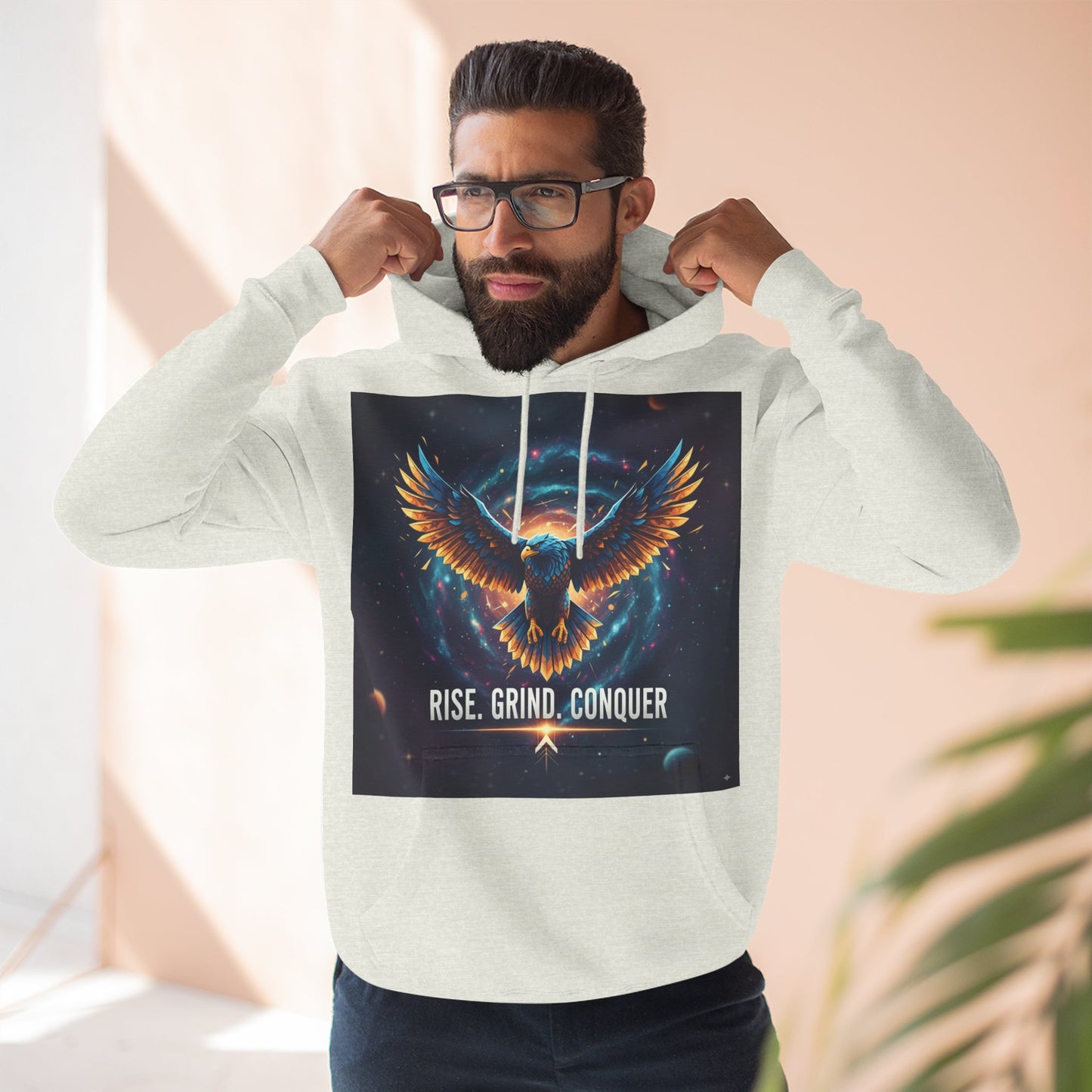 Motivational Fleece Hoodie, Rise Grind Conquer Sweatshirt, Gift for Gym Lovers, Inspirational Casual Wear, Cozy Fitness Apparel