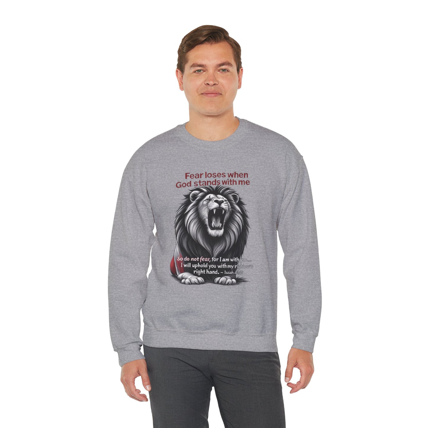 Fearless Lion Inspirational Crewneck Sweatshirt, Motivational Gift, Unisex Apparel, Cozy Sweatshirt, Christian Quote Sweatshirt