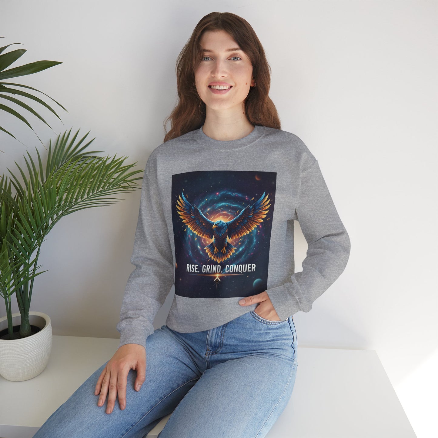 Cosmic Inspirational Sweatshirt - Rise, Grind, Conquer, Motivational Apparel, Unisex Crewneck, Casual Wear, Gift for Dreamers