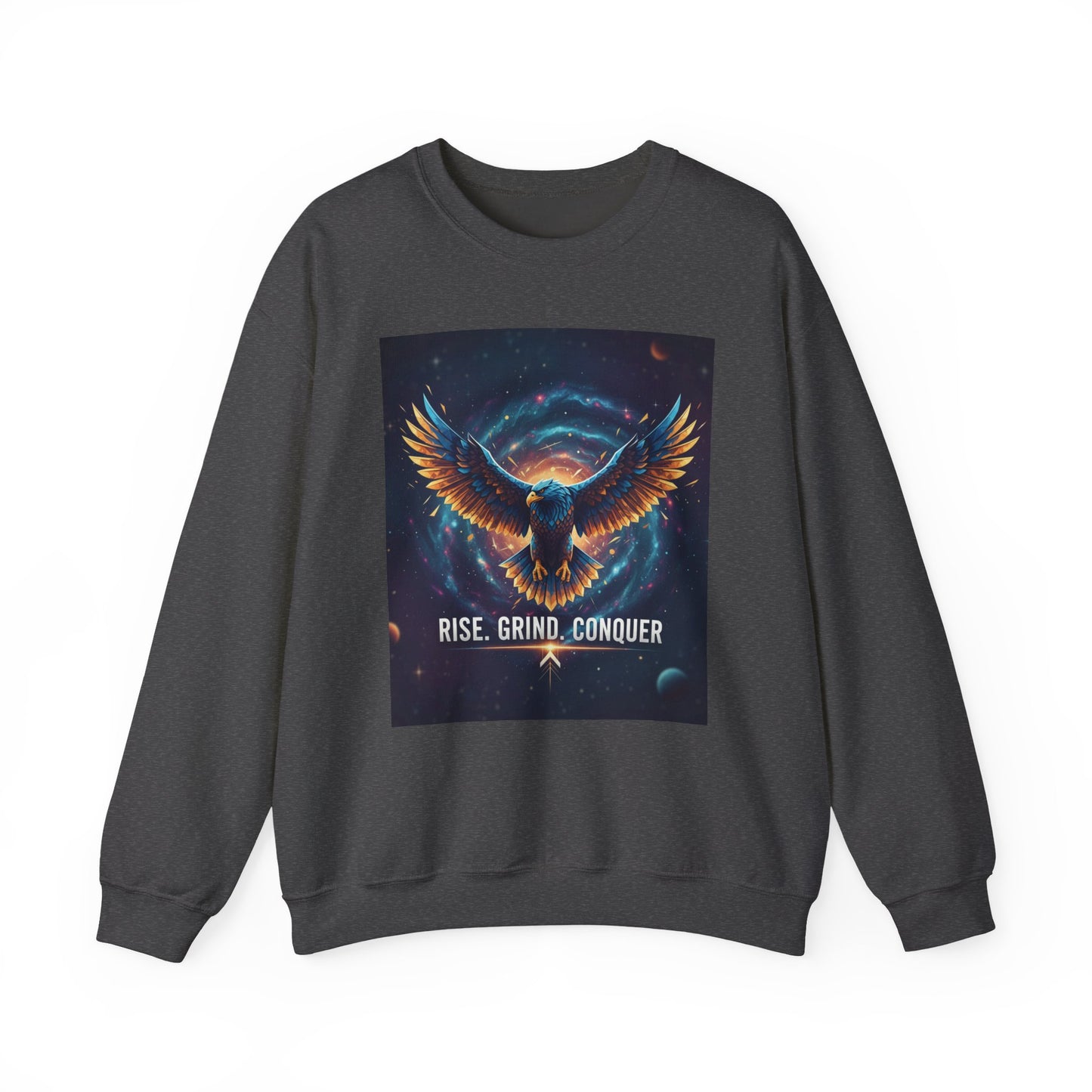 Cosmic Inspirational Sweatshirt - Rise, Grind, Conquer, Motivational Apparel, Unisex Crewneck, Casual Wear, Gift for Dreamers