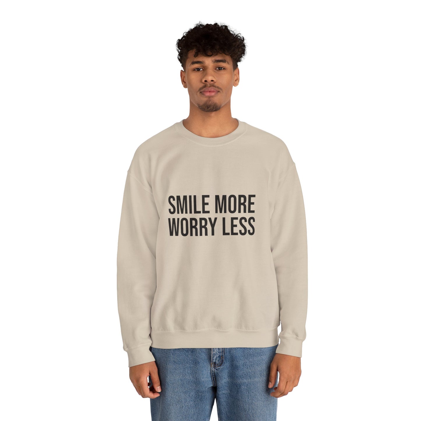 Unisex Inspirational Crewneck Sweatshirt - Smile More Worry Less, Cozy Gift for Friends, Relaxed Style, Casual Wear, Positive Vibes