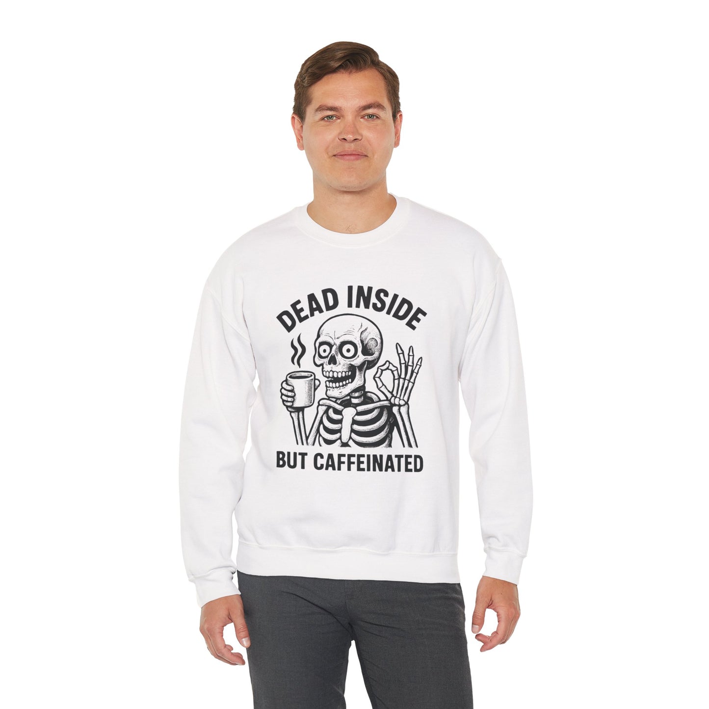 Caffeinated Skeleton Crewneck Sweatshirt - Cozy Unisex Pullover, Fun Halloween Gift, Casual Fashion, Spooky Lounge Wear, Everyday Comfort