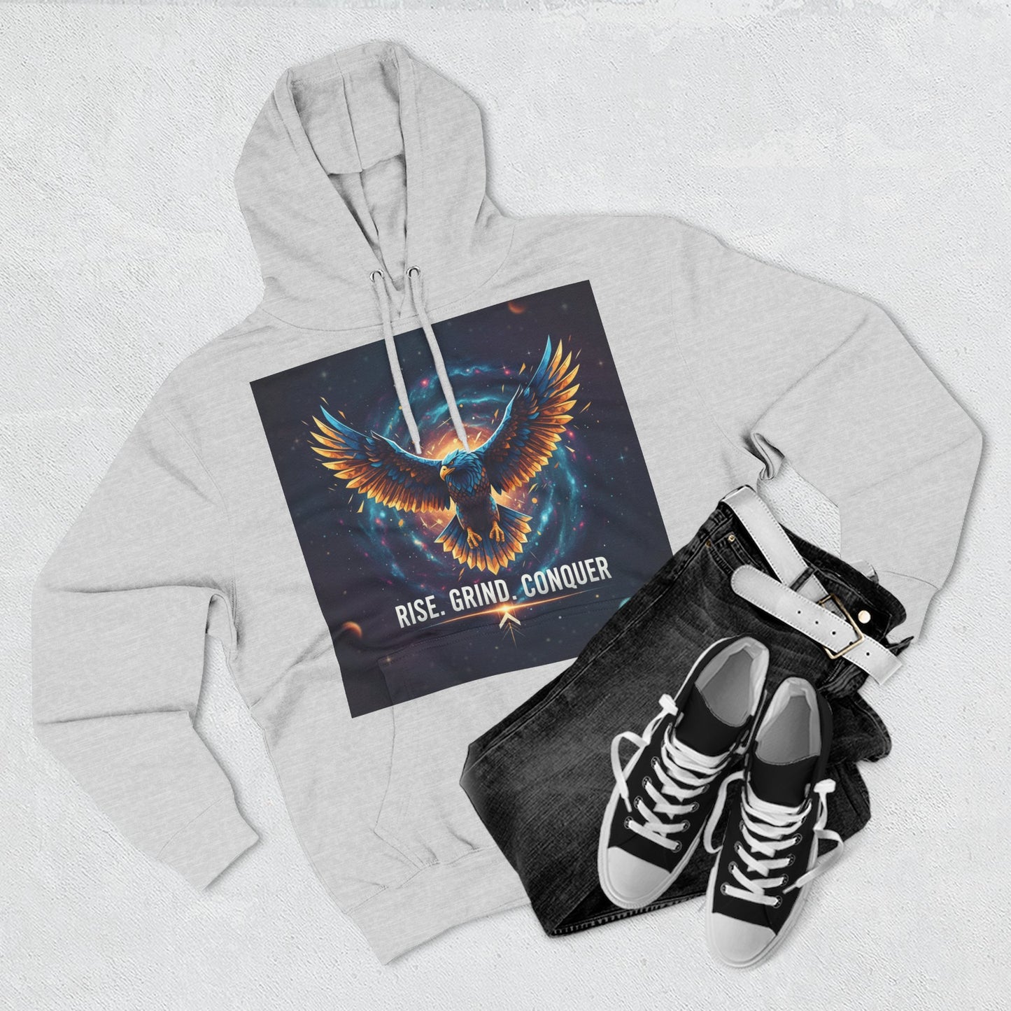 Motivational Fleece Hoodie, Rise Grind Conquer Sweatshirt, Gift for Gym Lovers, Inspirational Casual Wear, Cozy Fitness Apparel