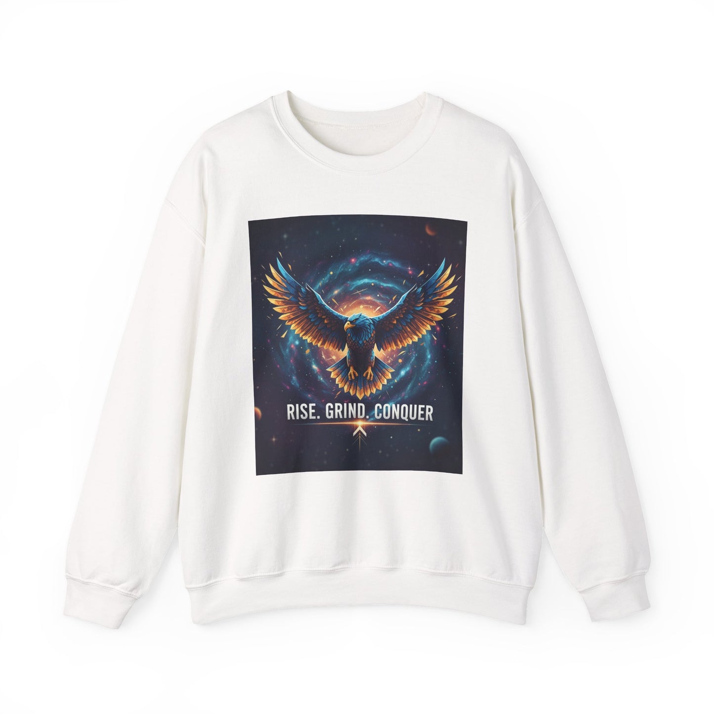 Cosmic Inspirational Sweatshirt - Rise, Grind, Conquer, Motivational Apparel, Unisex Crewneck, Casual Wear, Gift for Dreamers