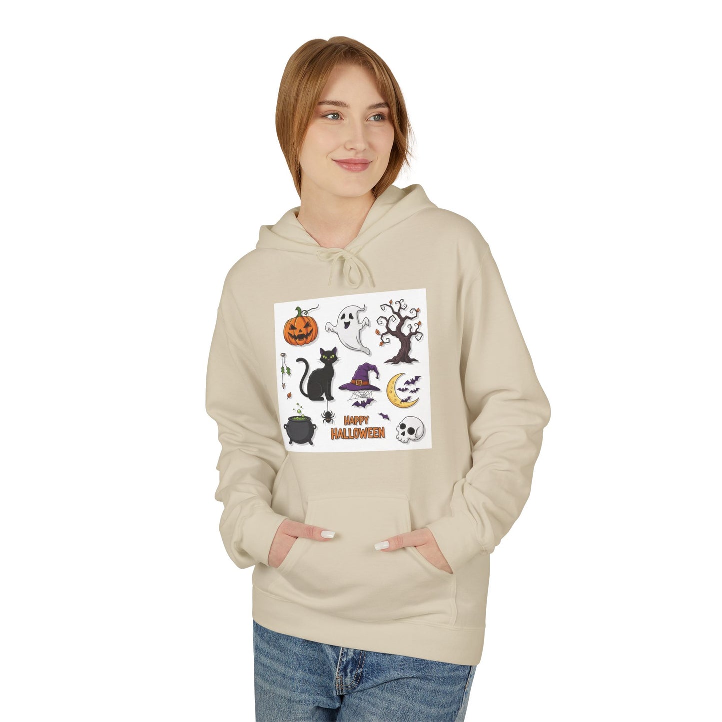 Halloween Cute Cat Fleece Hoodie, Spooky Season Apparel, Unisex Sweatshirt, Fall Fashion, Cozy Gift for Halloween Lovers