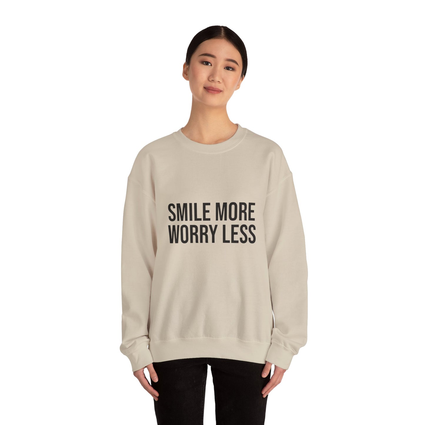 Unisex Inspirational Crewneck Sweatshirt - Smile More Worry Less, Cozy Gift for Friends, Relaxed Style, Casual Wear, Positive Vibes
