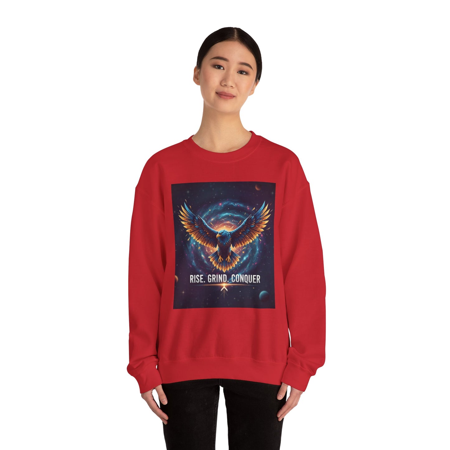 Cosmic Inspirational Sweatshirt - Rise, Grind, Conquer, Motivational Apparel, Unisex Crewneck, Casual Wear, Gift for Dreamers