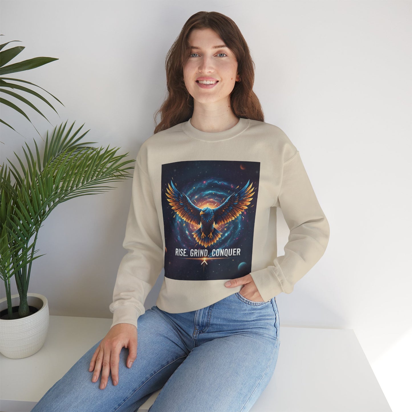 Cosmic Inspirational Sweatshirt - Rise, Grind, Conquer, Motivational Apparel, Unisex Crewneck, Casual Wear, Gift for Dreamers