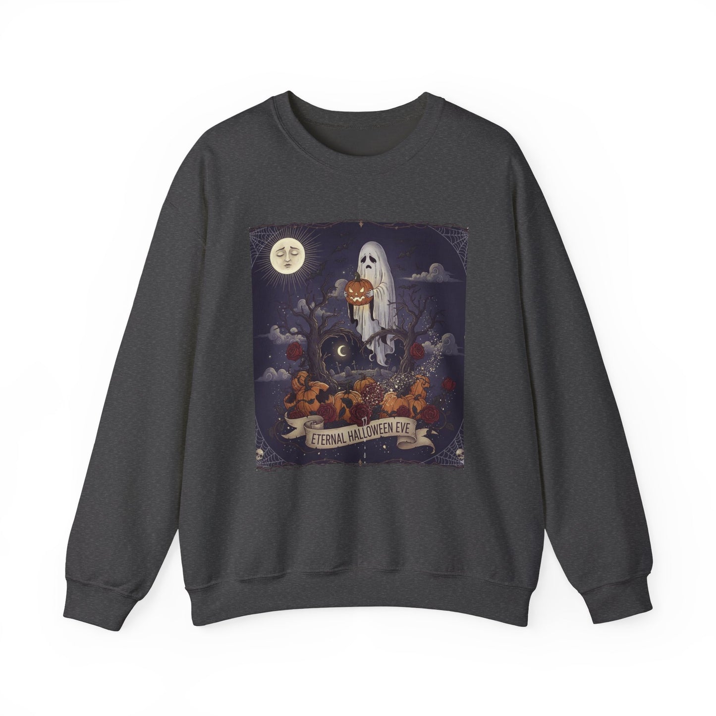 Eternal Halloween Crewneck Sweatshirt, Cozy Ghost Artwork, Unisex Sweater for Fall, Halloween Casual Wear, Spooky Season Gift