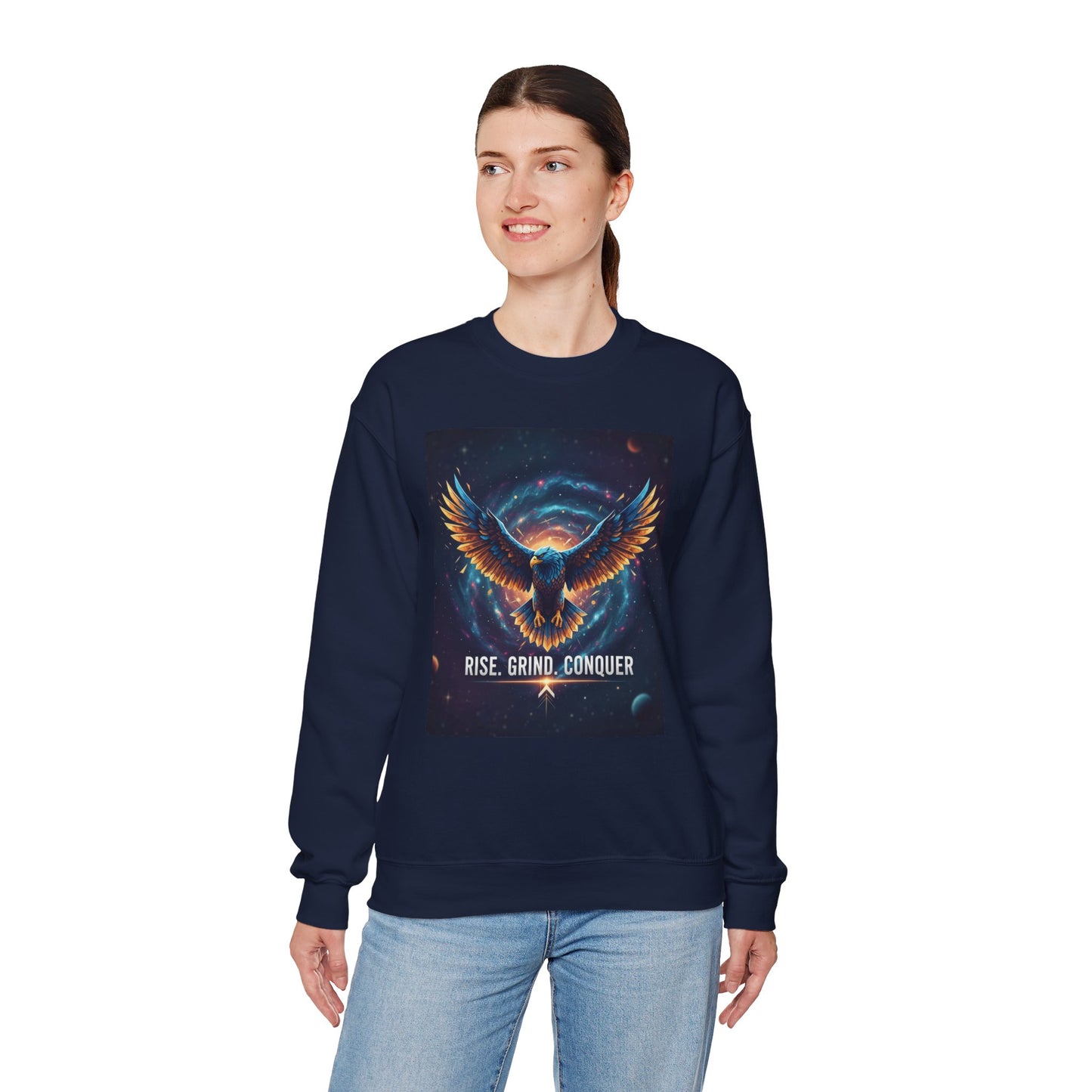 Cosmic Inspirational Sweatshirt - Rise, Grind, Conquer, Motivational Apparel, Unisex Crewneck, Casual Wear, Gift for Dreamers