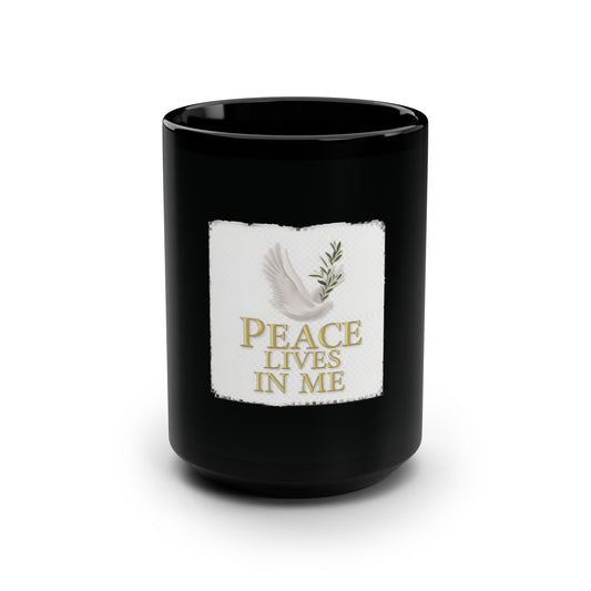 Peaceful Black Mug 15oz | Inspirational Coffee Cup, Gift for Friends, Meditation Mug, Office Decor, Spiritual Drinkware
