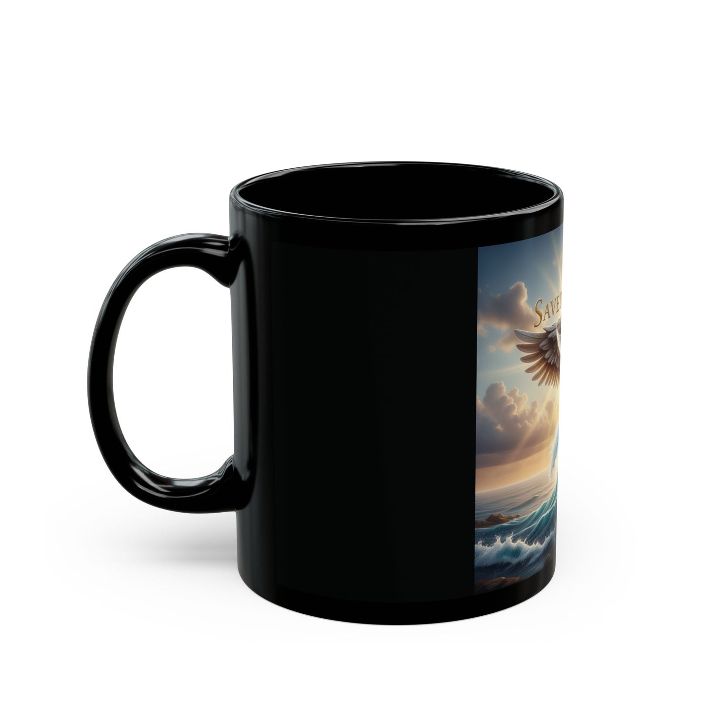 Spiritual Black Mug with Design - Saved by Grace, Faith Gift, Inspirational Coffee Cup, Religious Tea Mug, Unique Home Décor