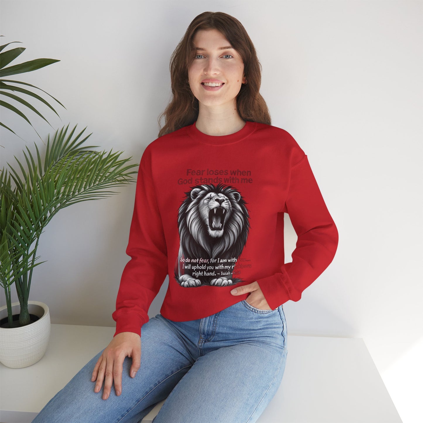 Fearless Lion Inspirational Crewneck Sweatshirt, Motivational Gift, Unisex Apparel, Cozy Sweatshirt, Christian Quote Sweatshirt