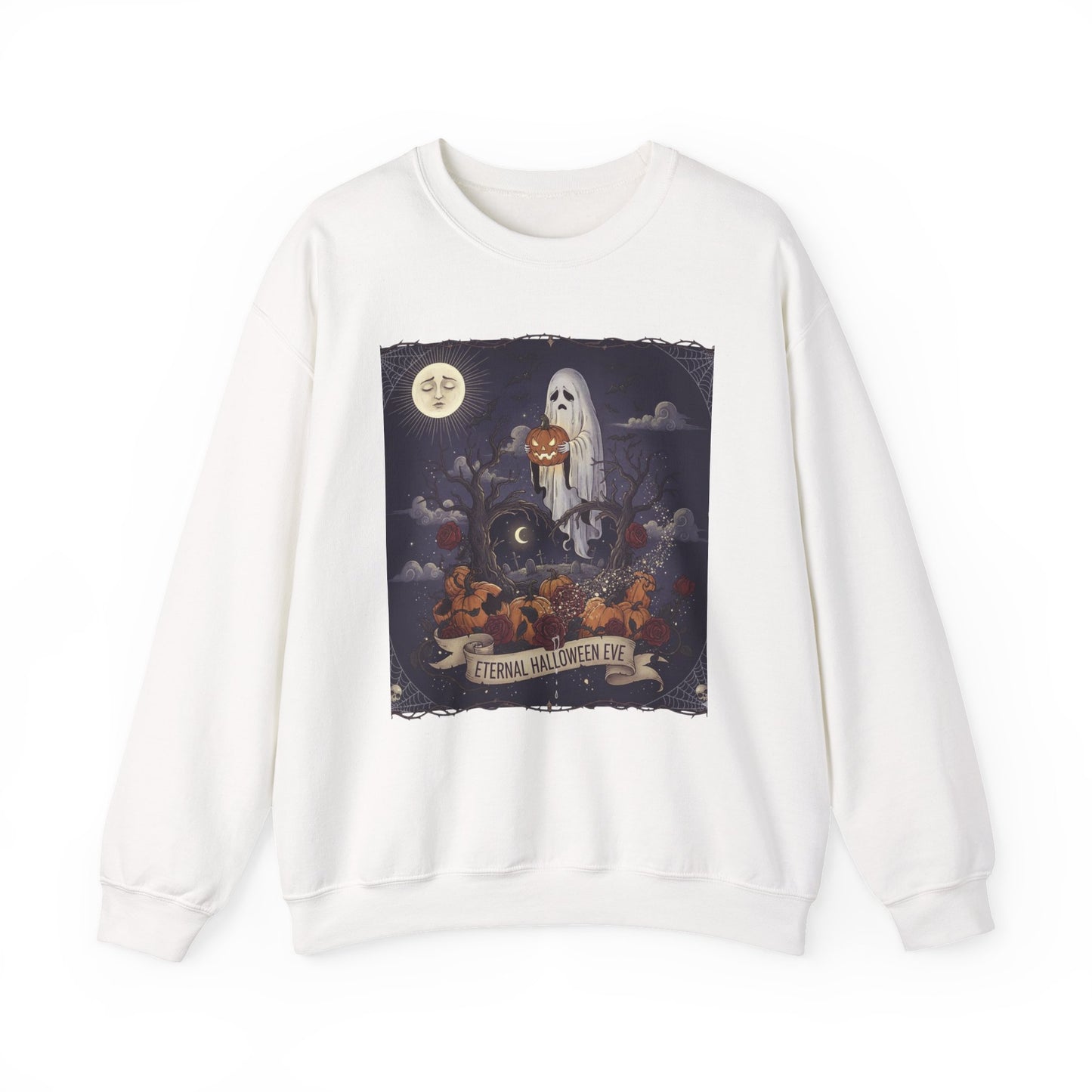 Eternal Halloween Crewneck Sweatshirt, Cozy Ghost Artwork, Unisex Sweater for Fall, Halloween Casual Wear, Spooky Season Gift