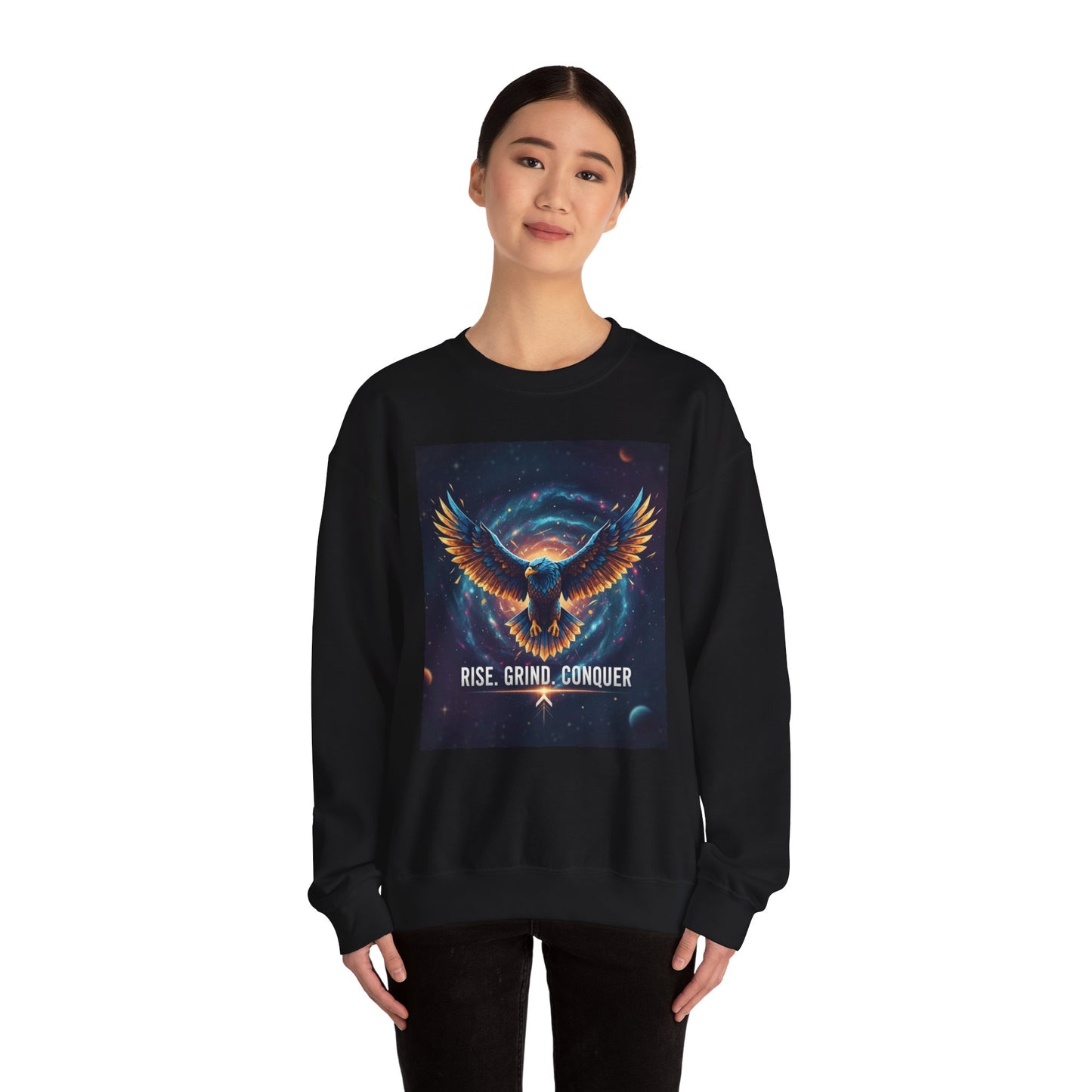 Cosmic Inspirational Sweatshirt - Rise, Grind, Conquer, Motivational Apparel, Unisex Crewneck, Casual Wear, Gift for Dreamers