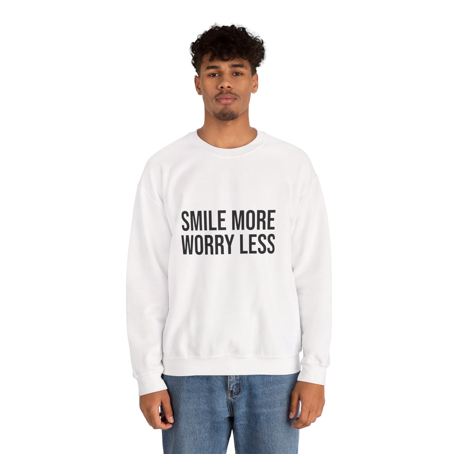 Unisex Inspirational Crewneck Sweatshirt - Smile More Worry Less, Cozy Gift for Friends, Relaxed Style, Casual Wear, Positive Vibes