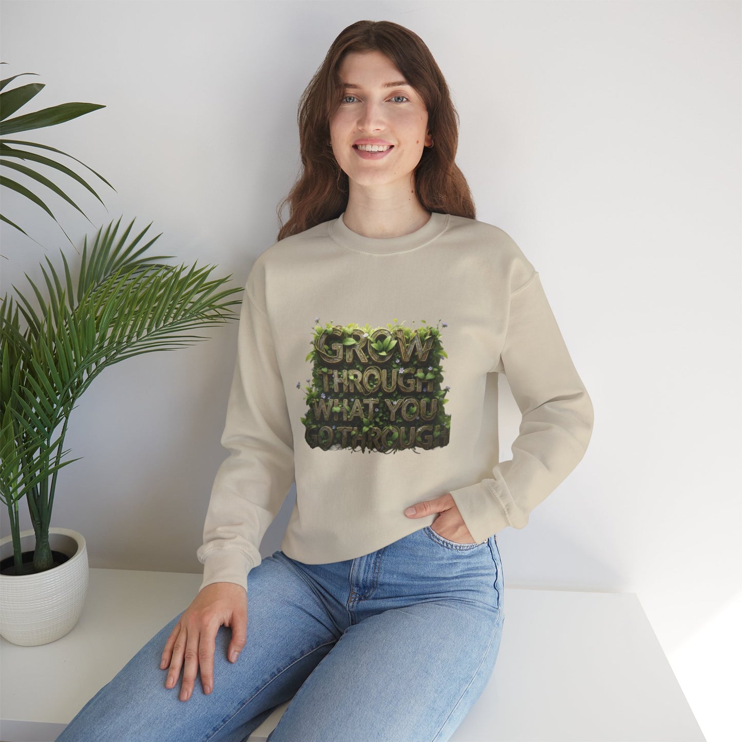 Nature-Inspired Motivational Sweatshirt, 'Grow Through What You Go Through' Crewneck, Cozy Gift for Nature Lovers