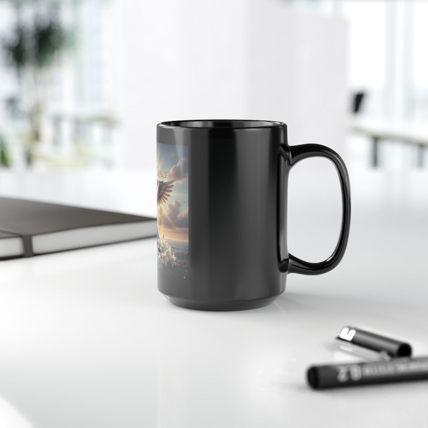 Spiritual Black Mug with Design - Saved by Grace, Faith Gift, Inspirational Coffee Cup, Religious Tea Mug, Unique Home Décor