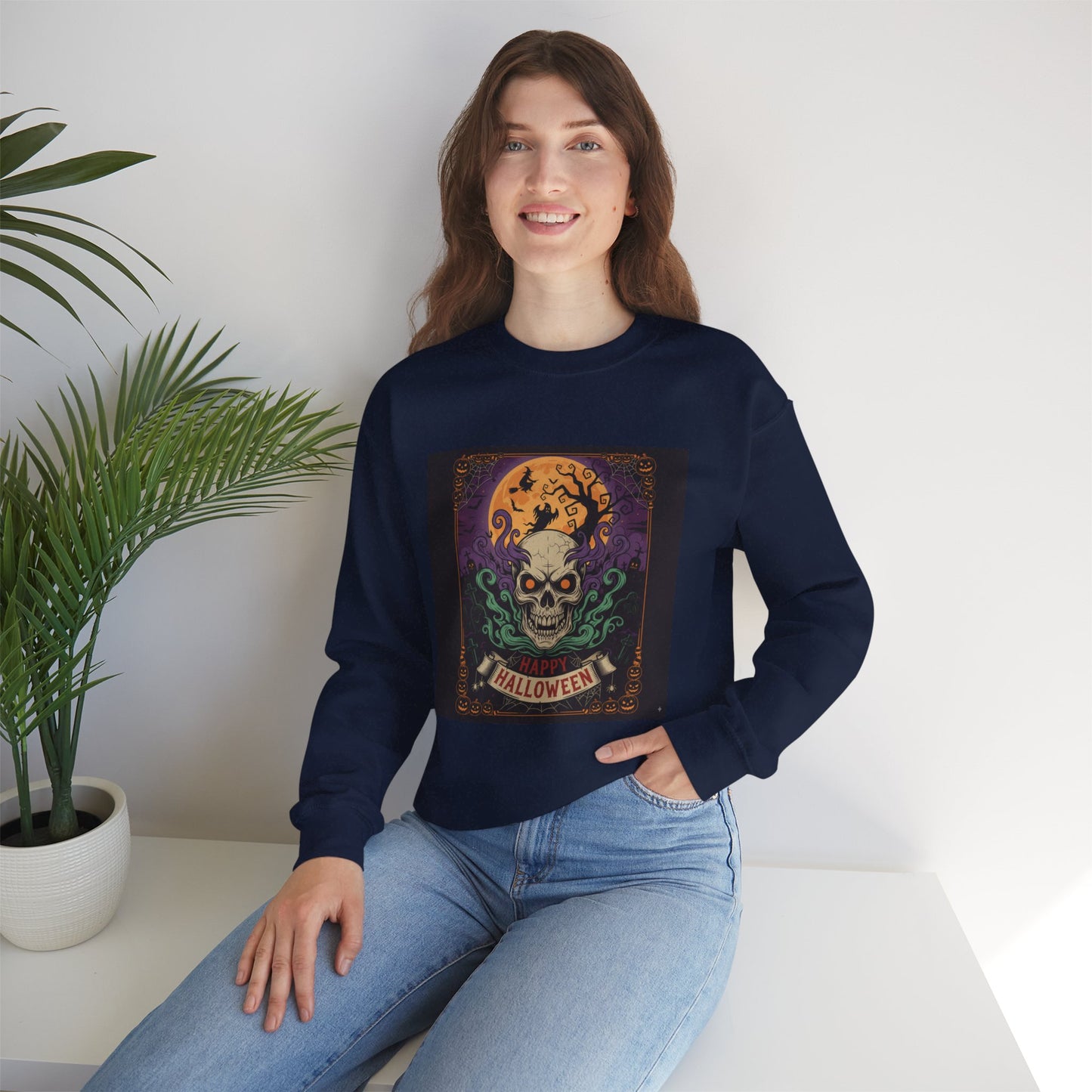 Halloween Skull Graphic Crewneck Sweatshirt, Spooky Sweatshirt, Unisex Halloween Apparel, Fall Fashion, Cozy Sweatshirt