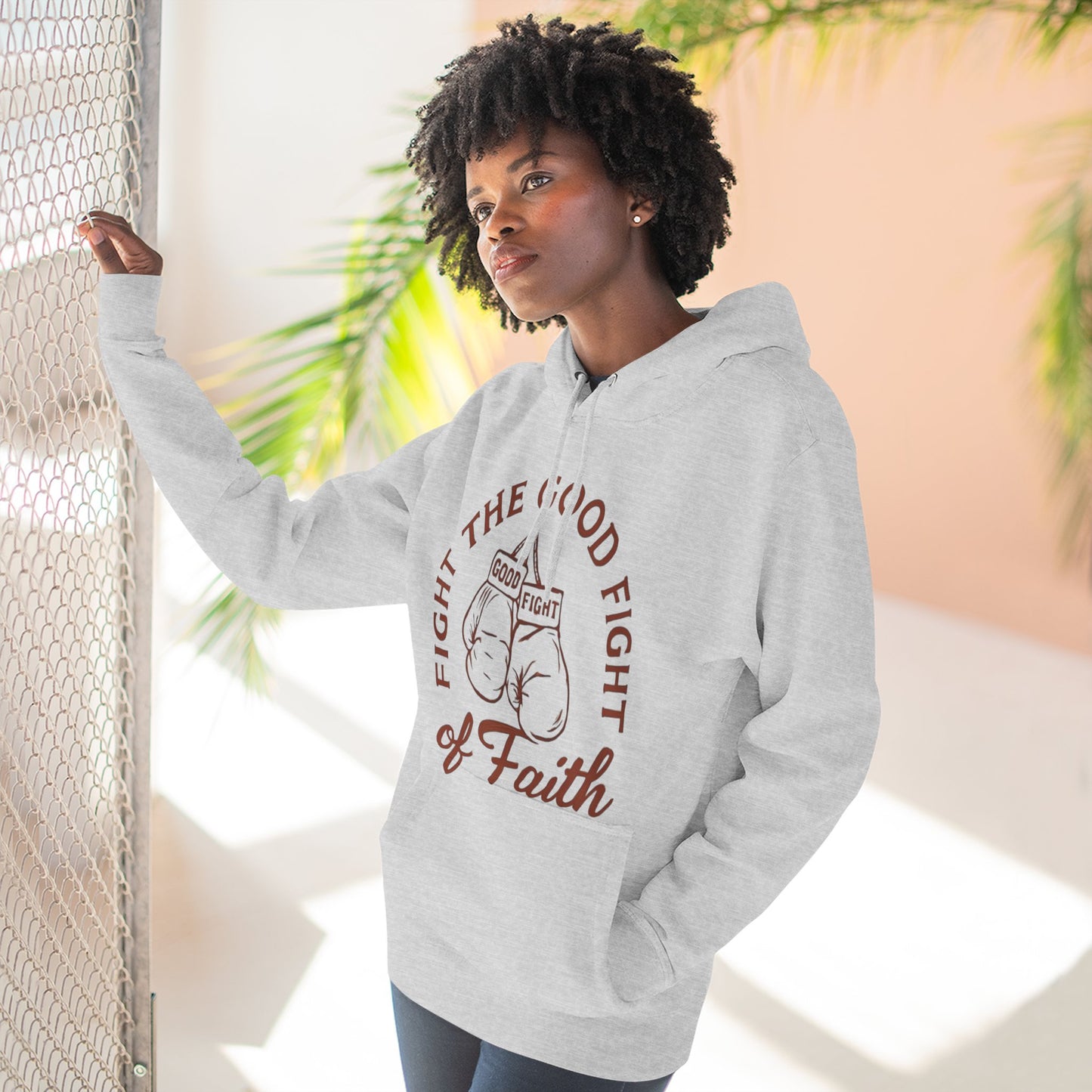 Three- Panel Fleece Hoodie, Inspirational Sweatshirt, Fight the Good Fight Apparel, Comfort Wear for Believers.