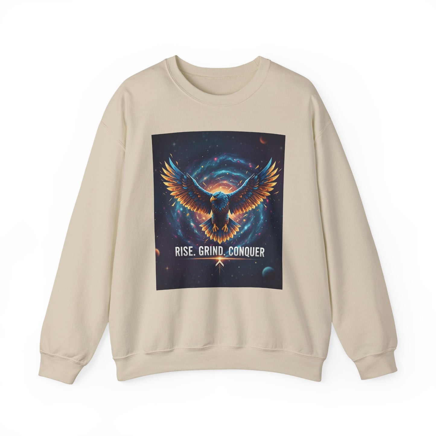 Cosmic Inspirational Sweatshirt - Rise, Grind, Conquer, Motivational Apparel, Unisex Crewneck, Casual Wear, Gift for Dreamers