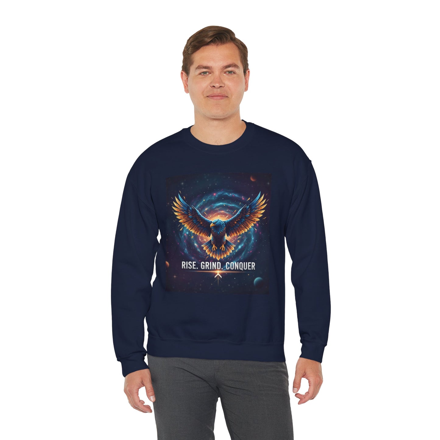 Cosmic Inspirational Sweatshirt - Rise, Grind, Conquer, Motivational Apparel, Unisex Crewneck, Casual Wear, Gift for Dreamers
