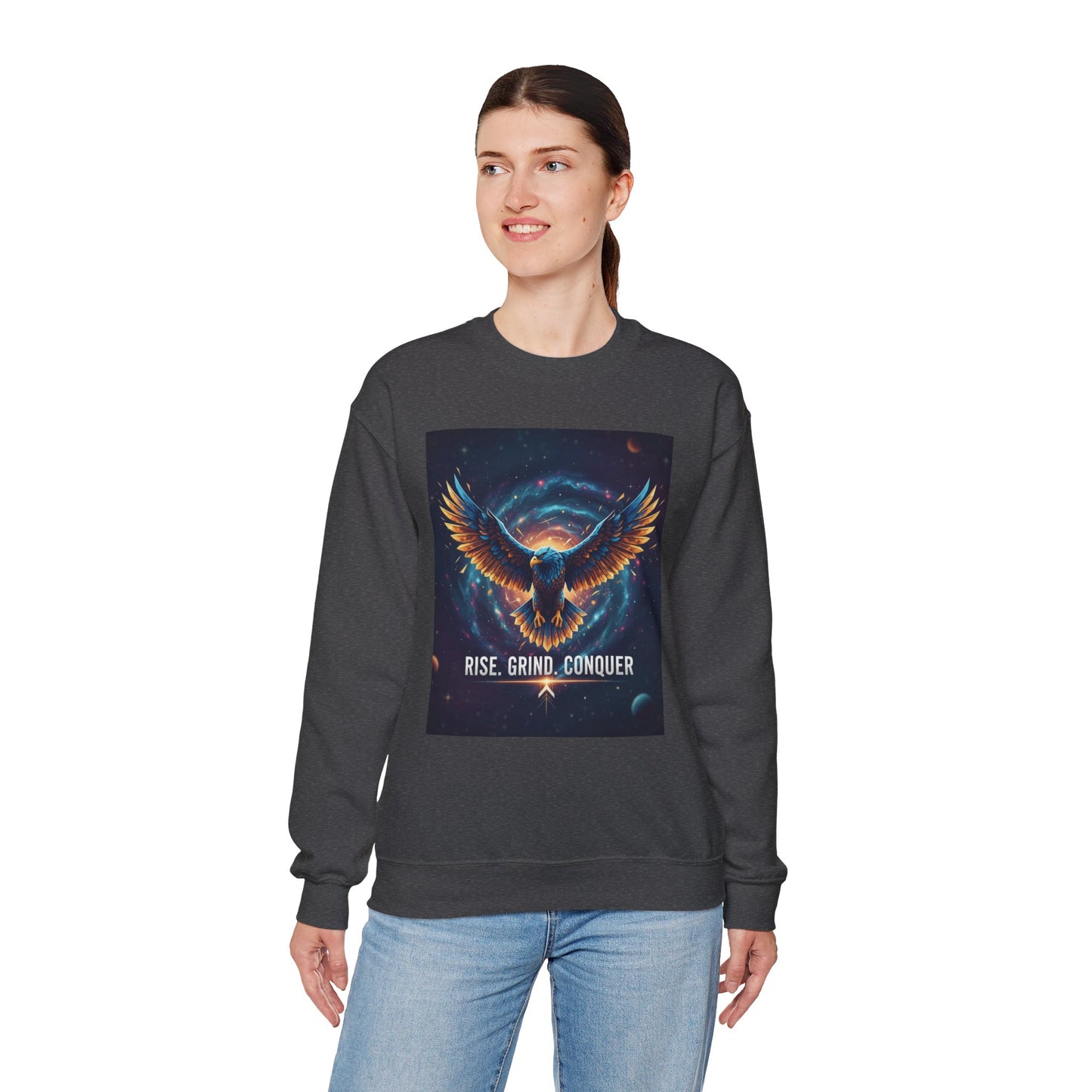 Cosmic Inspirational Sweatshirt - Rise, Grind, Conquer, Motivational Apparel, Unisex Crewneck, Casual Wear, Gift for Dreamers