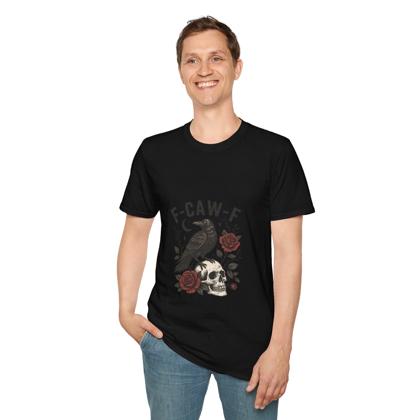 Gothic Raven T-Shirt | Unisex Softstyle Tee, Halloween Wear, Unique Gift, Casual Outfit, Skulls & Roses Design