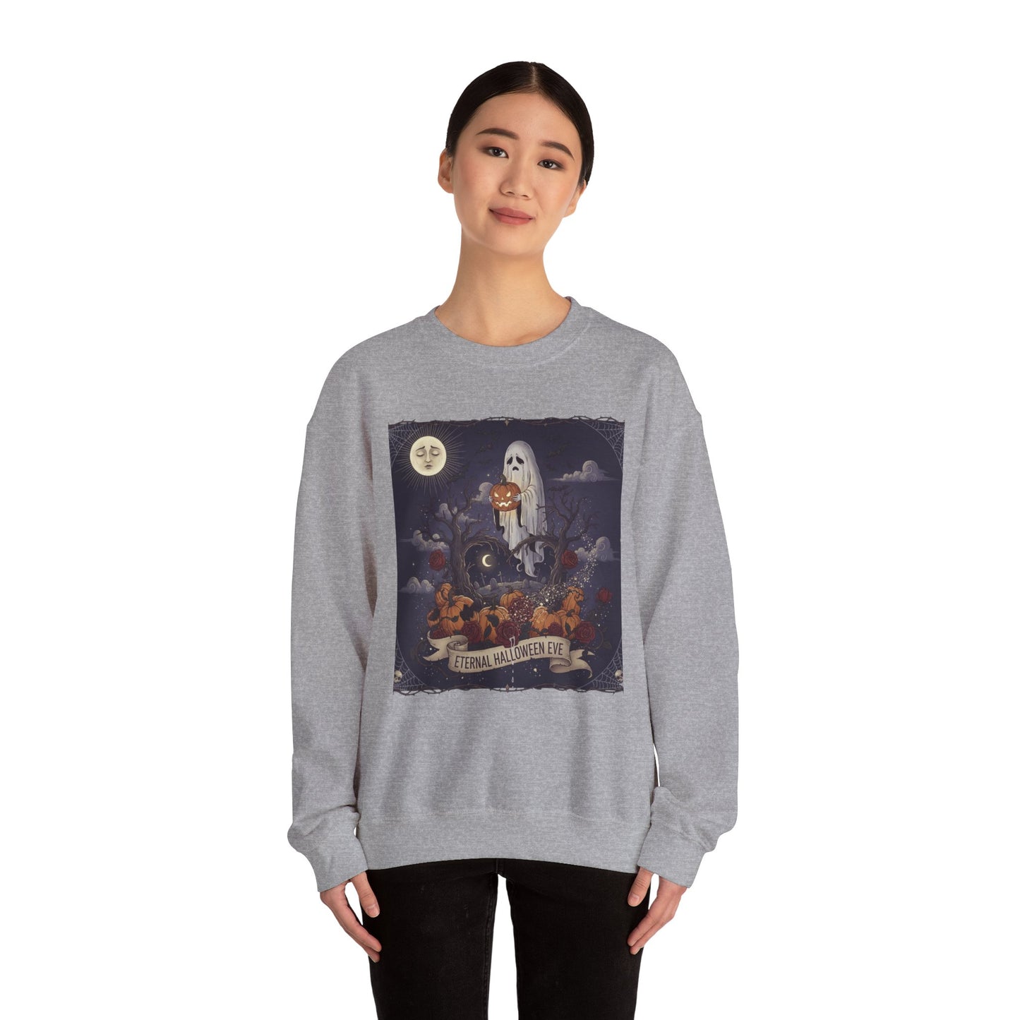 Eternal Halloween Crewneck Sweatshirt, Cozy Ghost Artwork, Unisex Sweater for Fall, Halloween Casual Wear, Spooky Season Gift