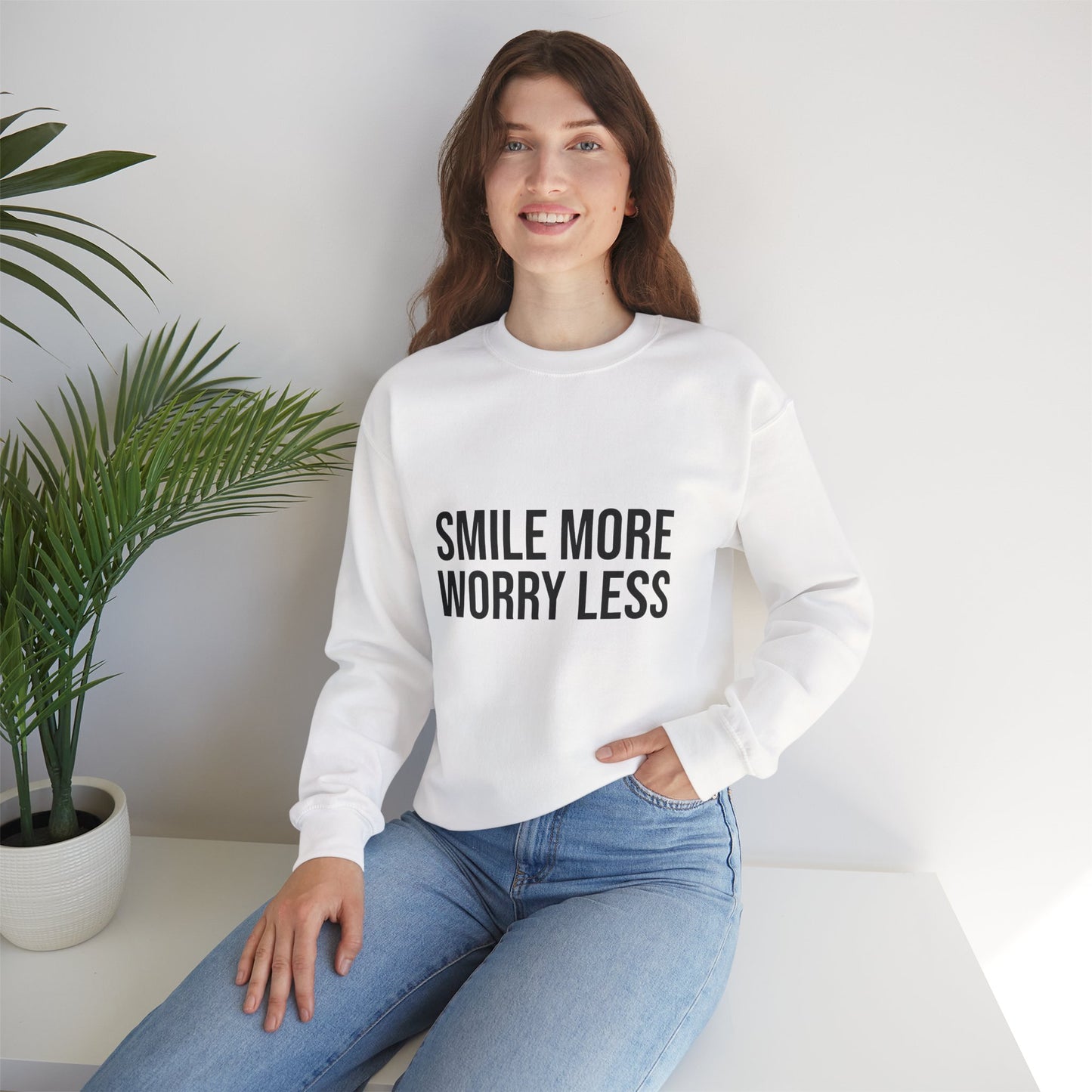Unisex Inspirational Crewneck Sweatshirt - Smile More Worry Less, Cozy Gift for Friends, Relaxed Style, Casual Wear, Positive Vibes