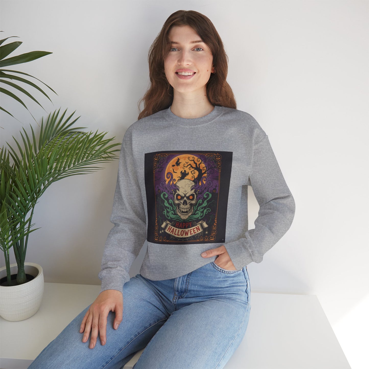 Halloween Skull Graphic Crewneck Sweatshirt, Spooky Sweatshirt, Unisex Halloween Apparel, Fall Fashion, Cozy Sweatshirt