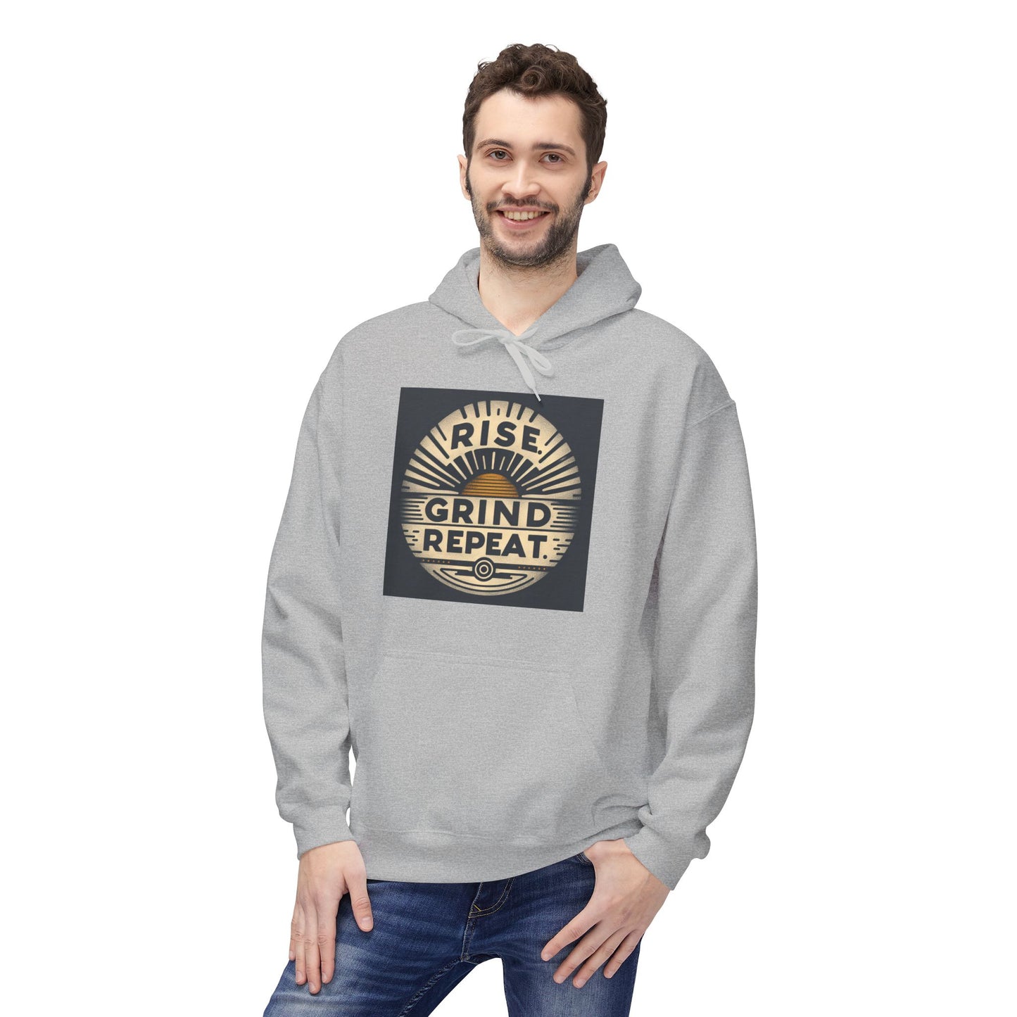 Rise, Grind, Repeat Motivational Fleece Hoodie - Unisex Crew Neck Sweatshirt for Gym, Fitness, Workout, Casual, Gift