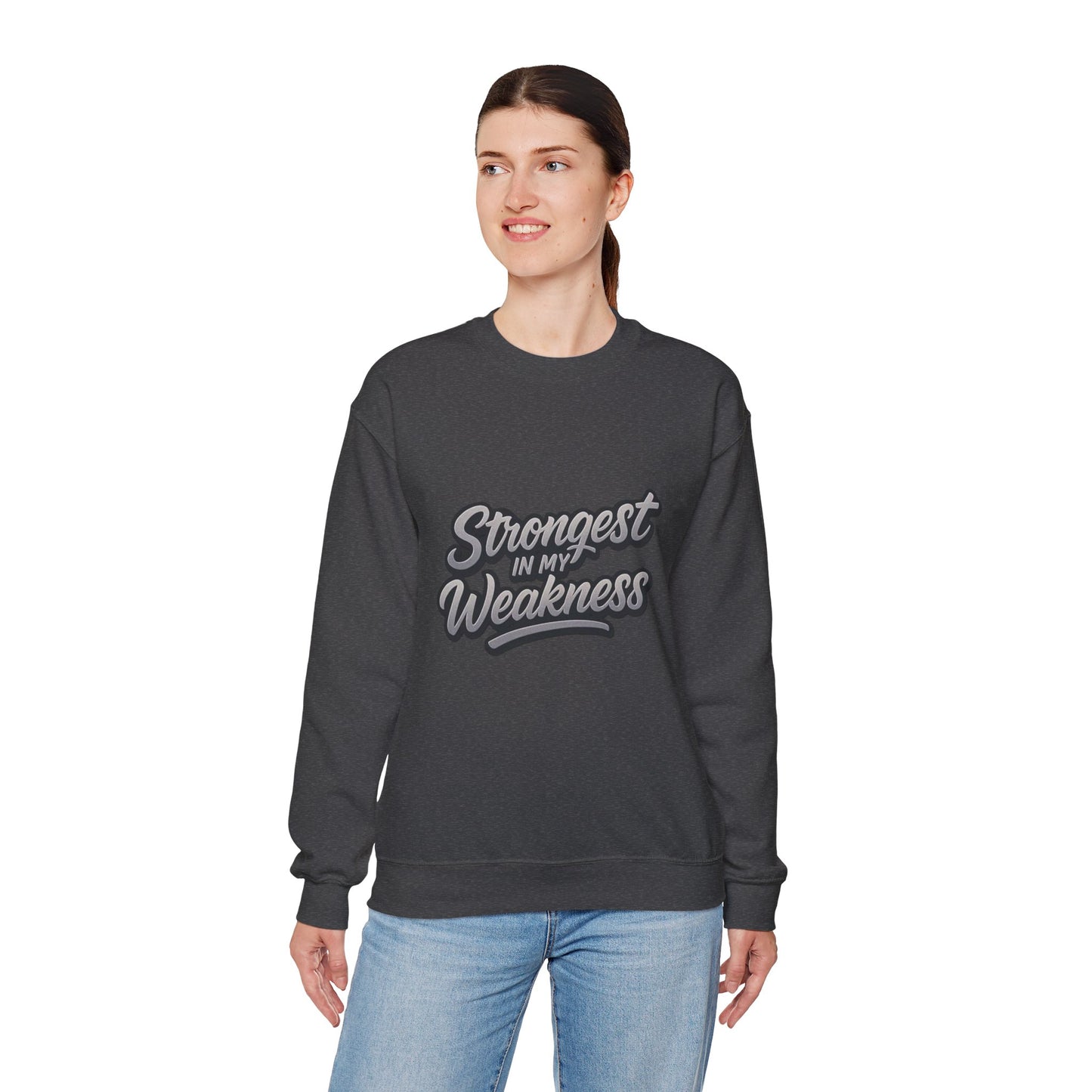 Motivational Crewneck Sweatshirt - "Strongest in My Weakness" - Cozy Gift for Wellness, Affirmation, Self-Care, Inspirational Style