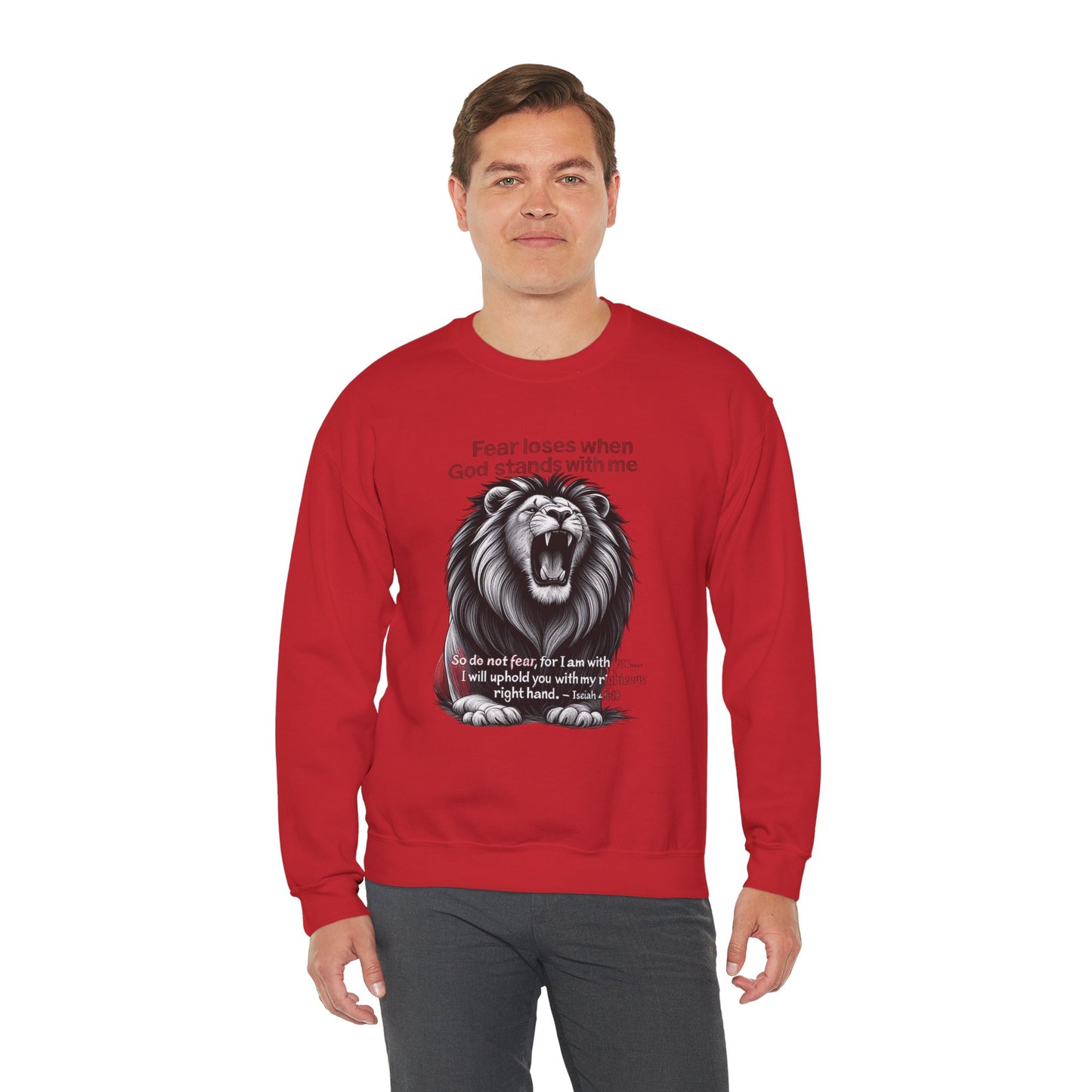 Fearless Lion Inspirational Crewneck Sweatshirt, Motivational Gift, Unisex Apparel, Cozy Sweatshirt, Christian Quote Sweatshirt