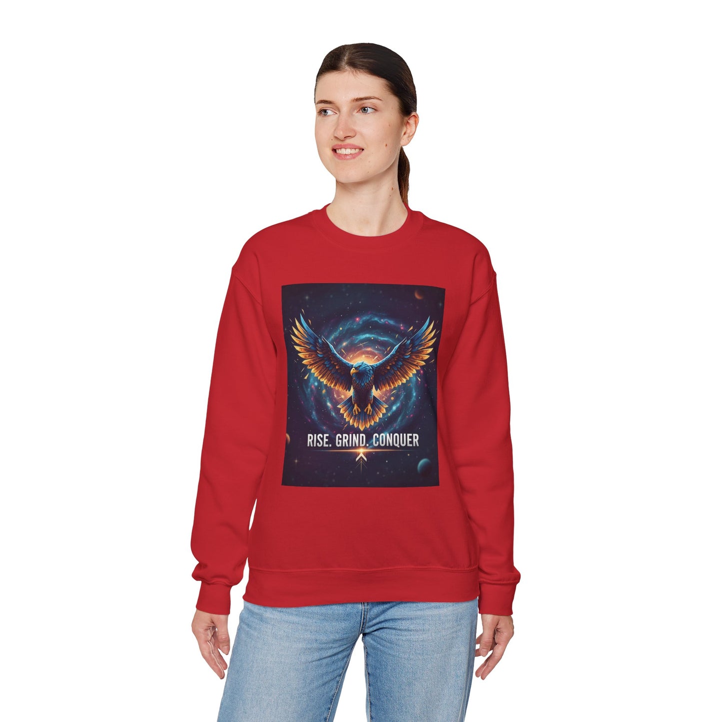 Cosmic Inspirational Sweatshirt - Rise, Grind, Conquer, Motivational Apparel, Unisex Crewneck, Casual Wear, Gift for Dreamers
