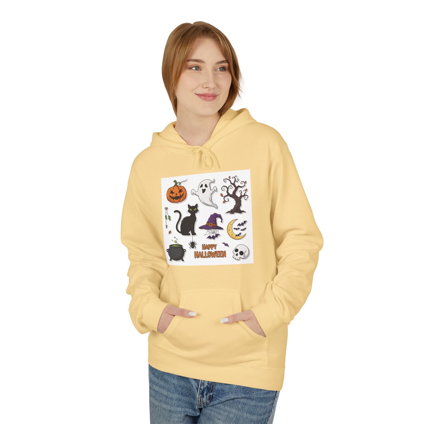 Halloween Cute Cat Fleece Hoodie, Spooky Season Apparel, Unisex Sweatshirt, Fall Fashion, Cozy Gift for Halloween Lovers