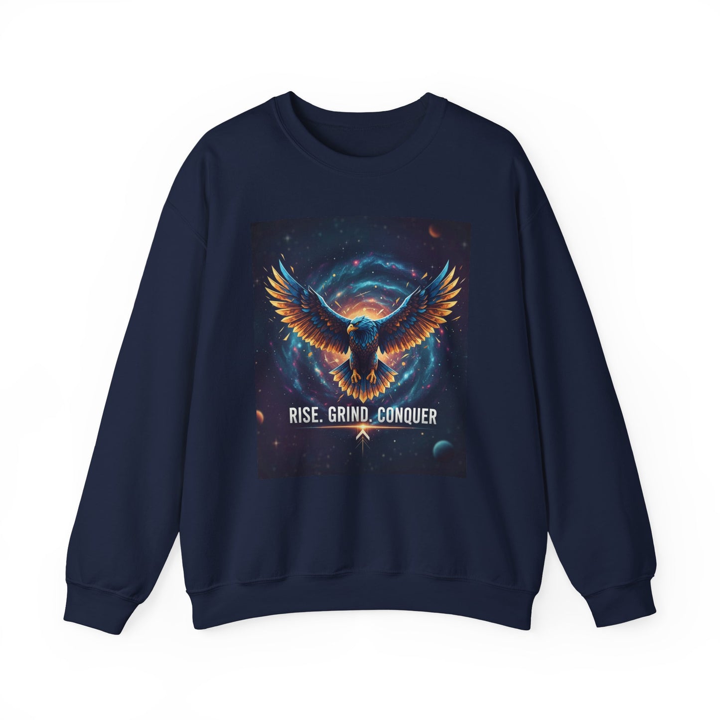 Cosmic Inspirational Sweatshirt - Rise, Grind, Conquer, Motivational Apparel, Unisex Crewneck, Casual Wear, Gift for Dreamers